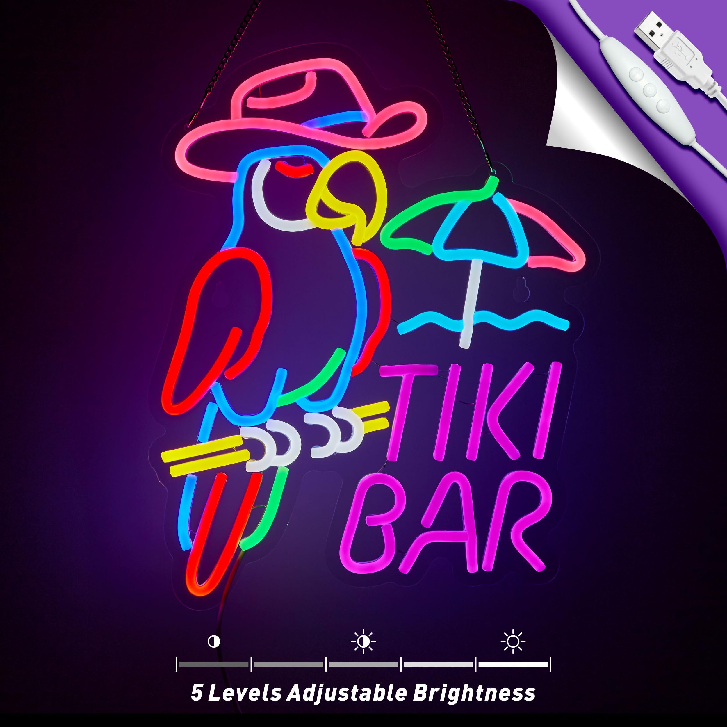 NEONLAND Tiki Bar Parrot Neon Sign LED Light - Acrylic Wall Decor, Dimmer, Rose/Pink/Blue for Pub, Party, Man Cave