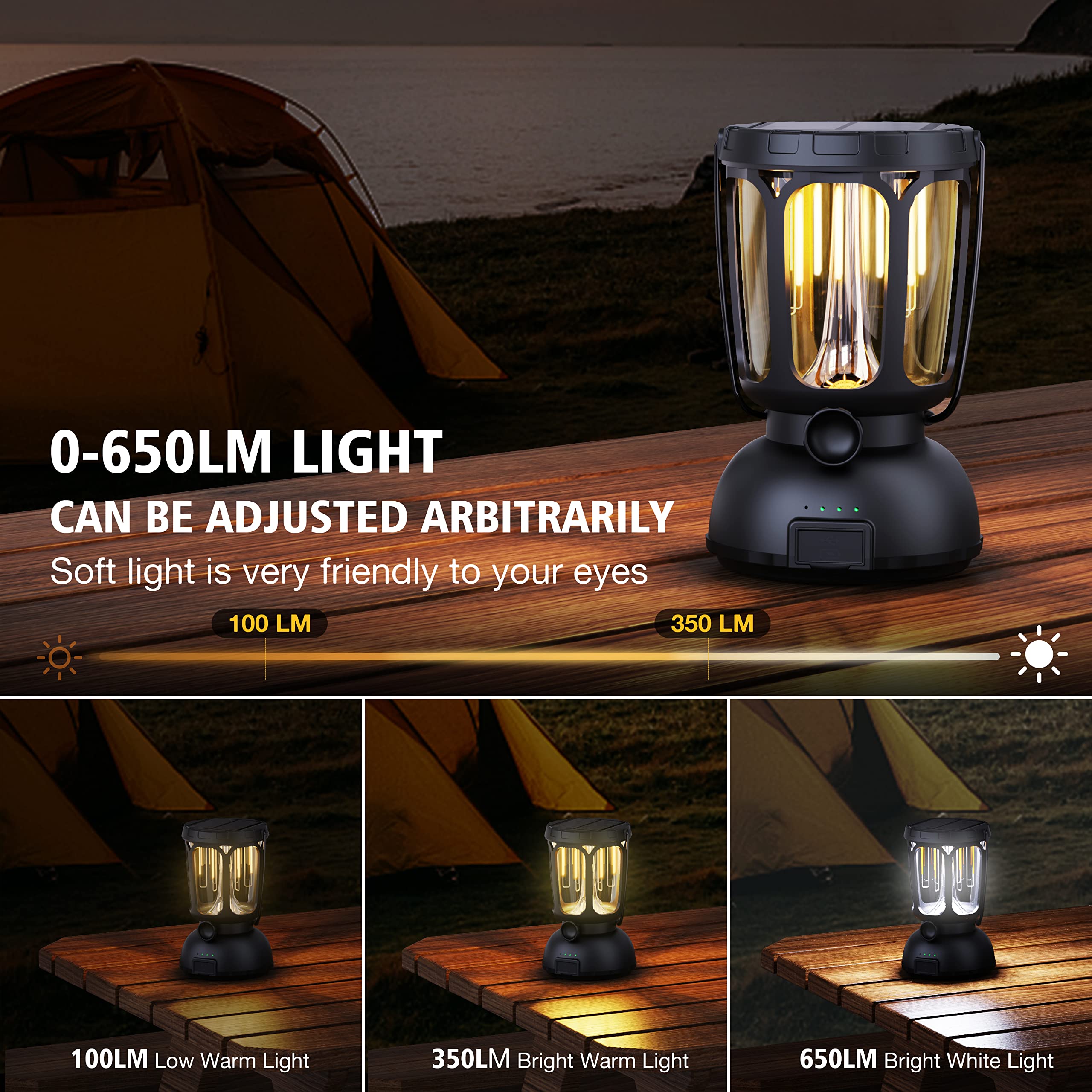 Raynic 6000 LED Camping Lantern - 650LM Rechargeable, Hand Crank, Solar, Black, Portable for Emergencies and Outdoors