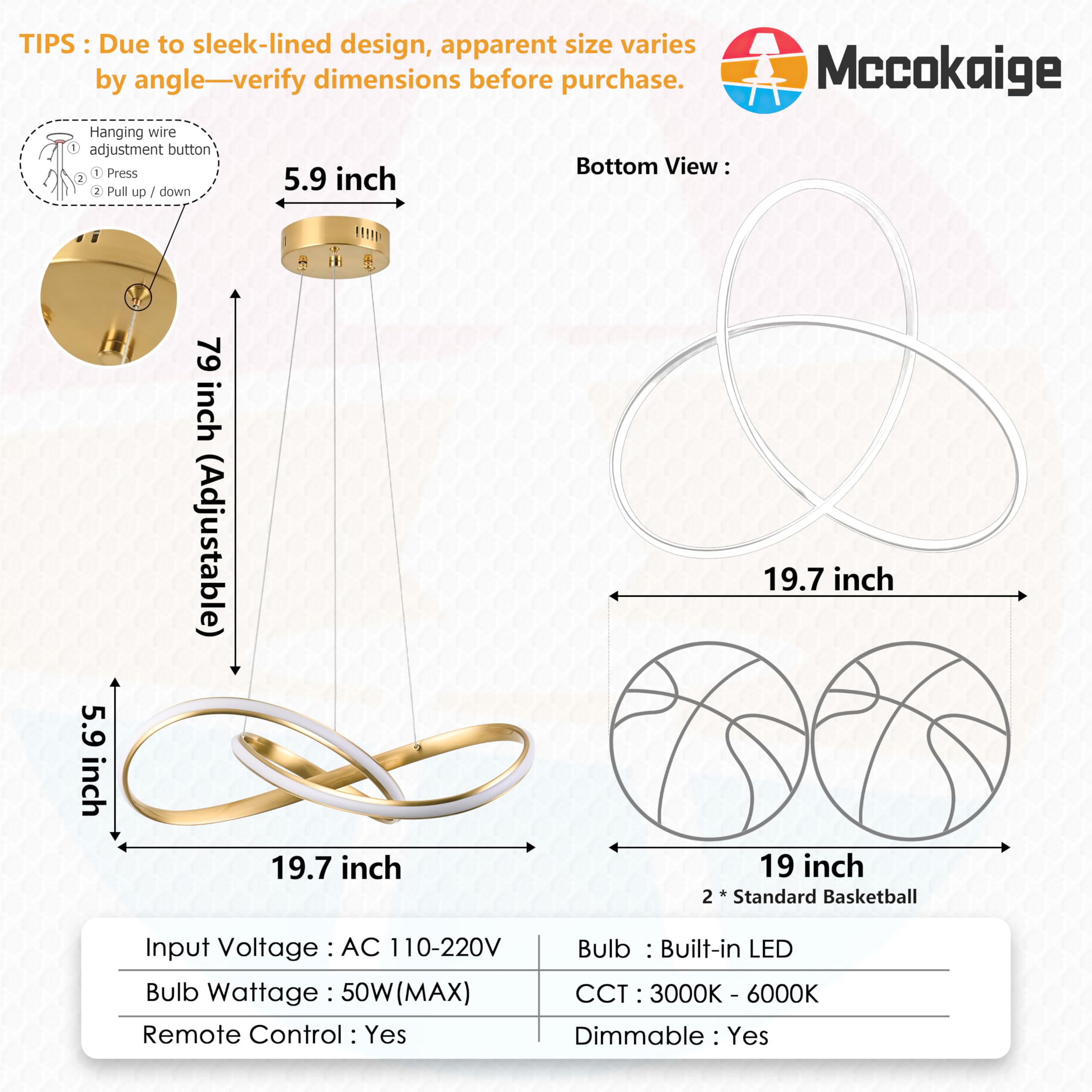 Mccokaige 20in Gold Modern LED Chandelier, Dimmable, H79 Adjustable, Metal, Model SYC-55-J