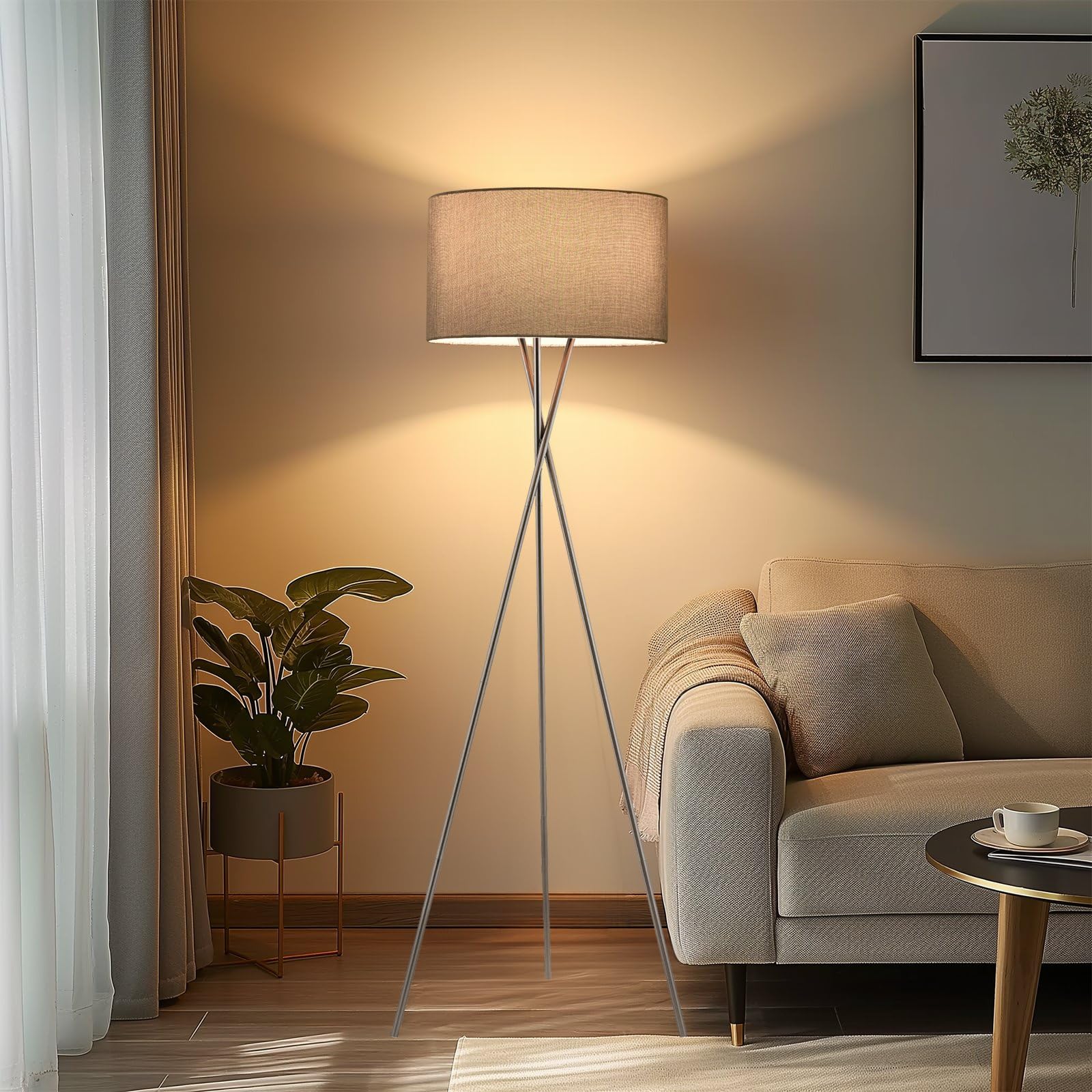 Kira Home Sadie 60 Mid Century Modern Tripod Led Floor Lamp, Brushed Nickel Finish, Gray Shade, Model Rv-F5017-Bn-Gr, Eco-Friendly Bulb Included