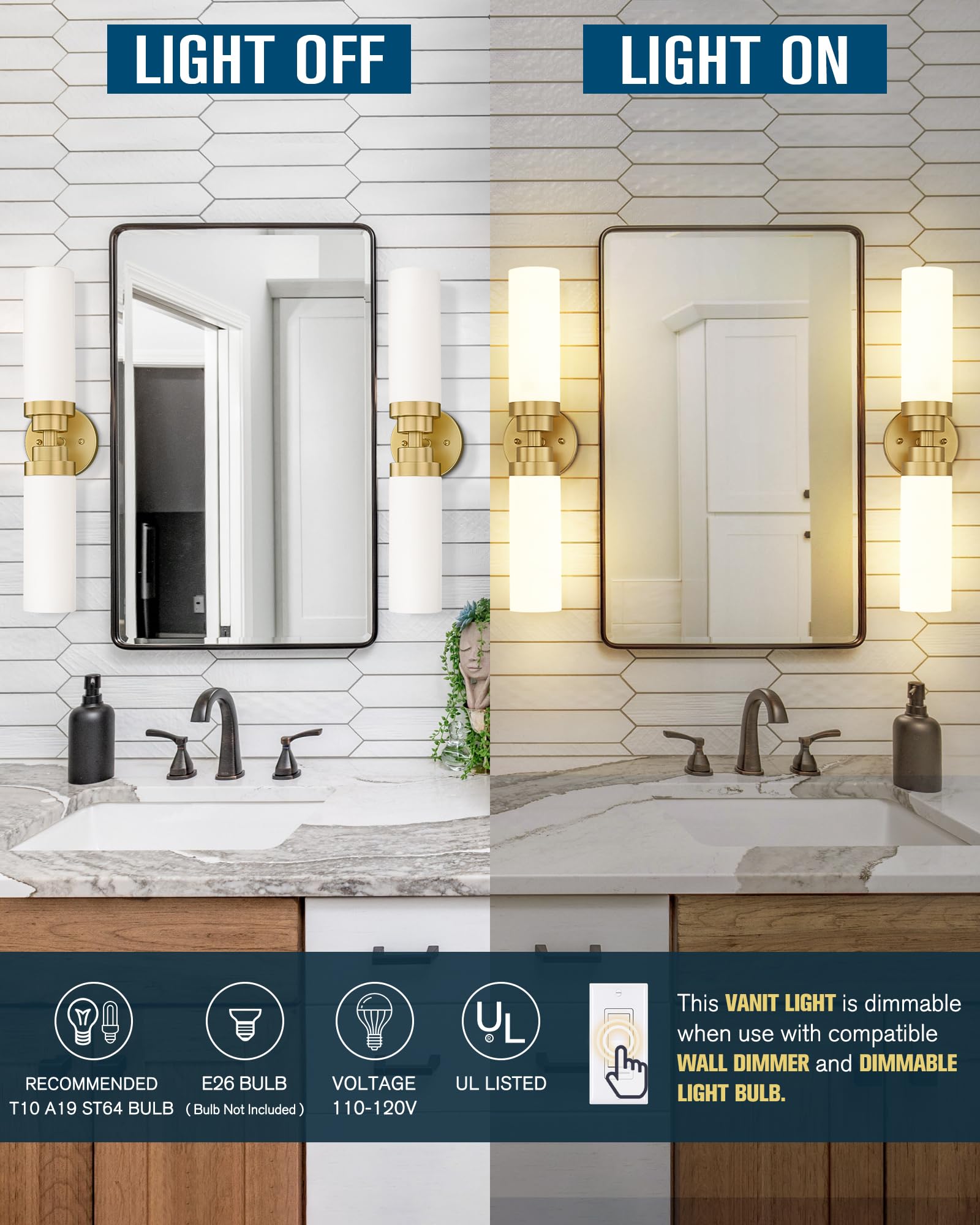 Emak 22" Gold Bathroom Light Fixtures - Modern Wall Sconce Set with Milk Glass Shade, Model VL085-GDL-ML-2-2PK, 2 Lights