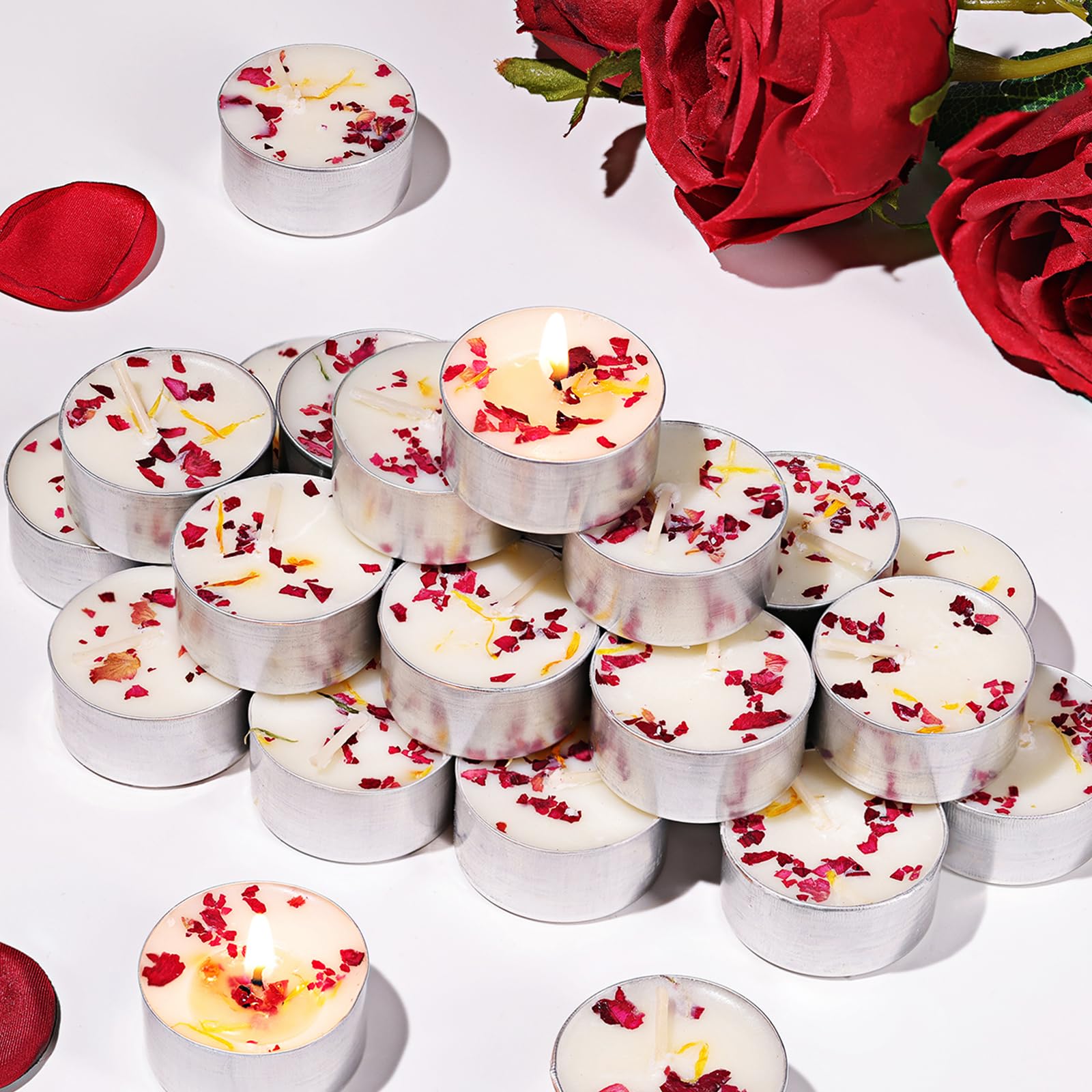 16 Pcs Rose Scented Tealight Candles  6H Long Burning - 100% Palm Wax Based Scented Tea Lights with Dried Flowers  Non-Toxic/Smokeless Scented Tea Lights Candles for Spa  Bath  Wedding  Valentine