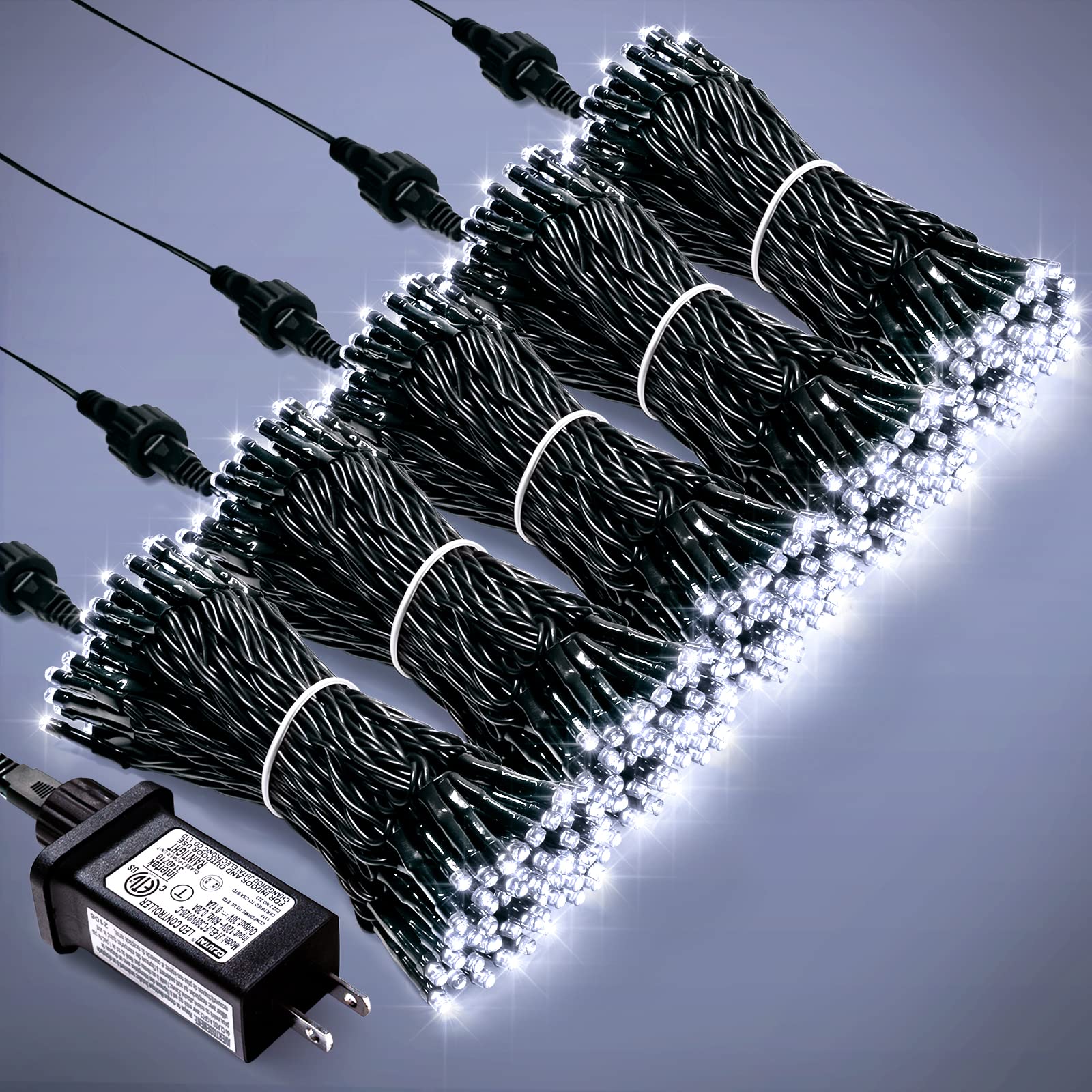 JMEXSUSS 500 LED White christmas Lights Outdoor Indoor, green Wire christmas Tree Lights Plug in, 8 Modes Waterproof White Strin
