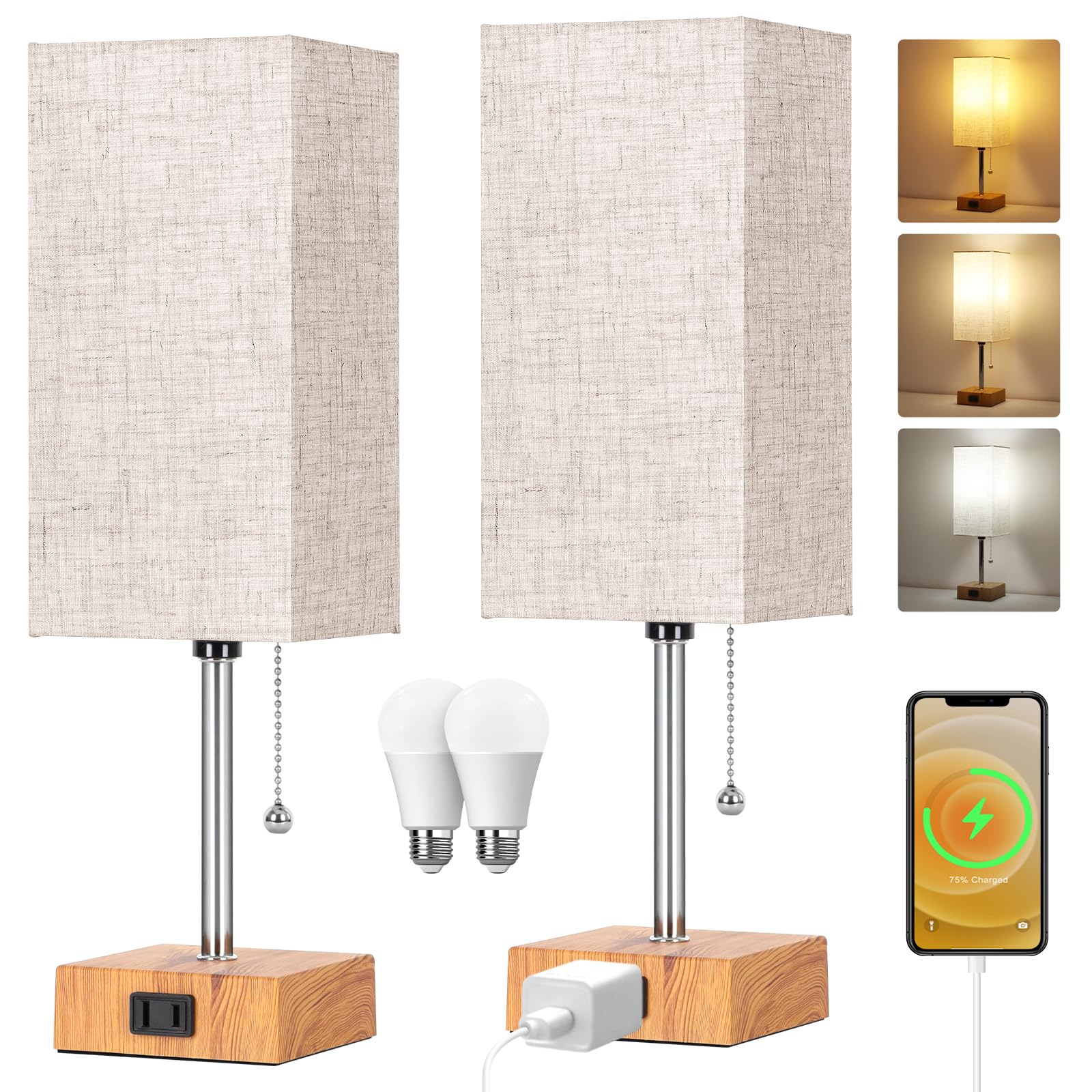 Dott Arts Small Table Lamps Set of 2, 2700K/4000K/5000K, Wood Minimalist Nightstand Lamps for Bedroom, Living Room, Kids Room