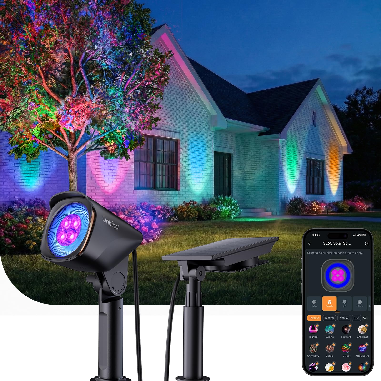 Linkind Smart SL6C Outdoor Lights Solar Powered, Dual-Ring Solar & USB Charging Solar Spotlights Outdoor Waterproof IP66, Color 