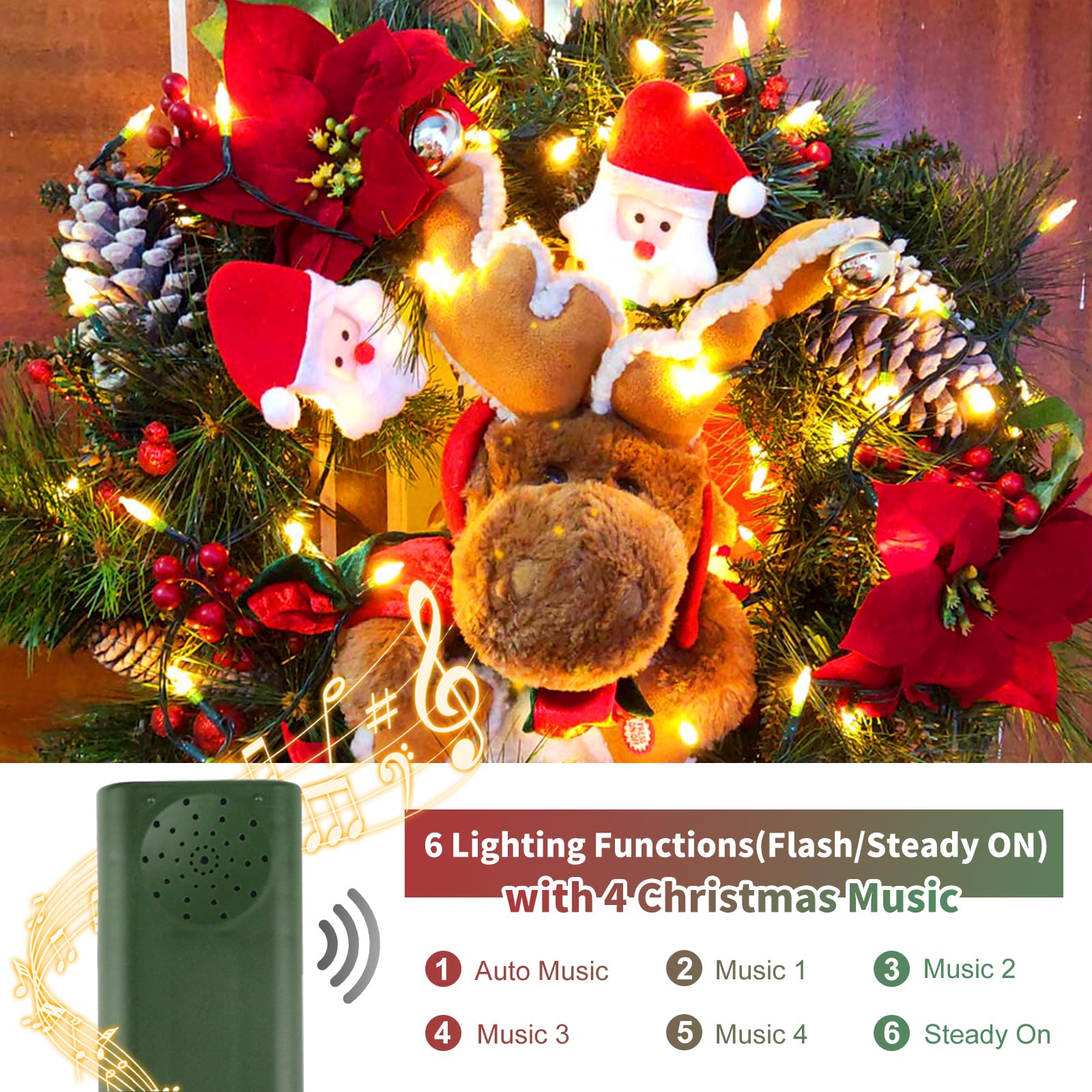 Tcamp Battery Operated Christmas Lights Motion Activated Sync With Music, 33Ft 100 Led Battery String Lights With Christmas Music For Outdoor Indoor Christmas Tree Decor, 6 Lighting Modes, Warm White