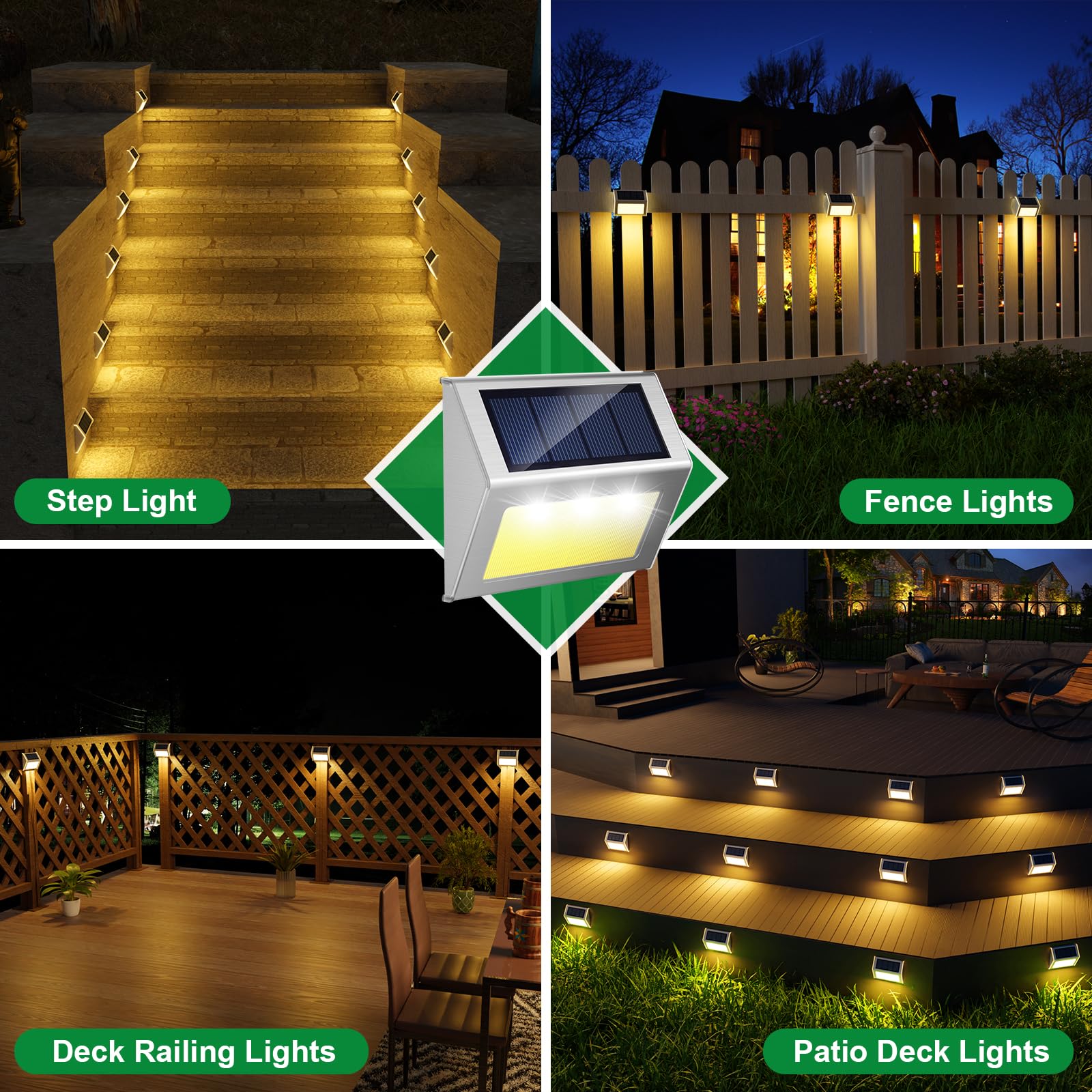 JSOT Solar Fence Lights Outdoor, 12 Pack Waterproof Stainless Steel LED Lamp, Warm White, Model LTD