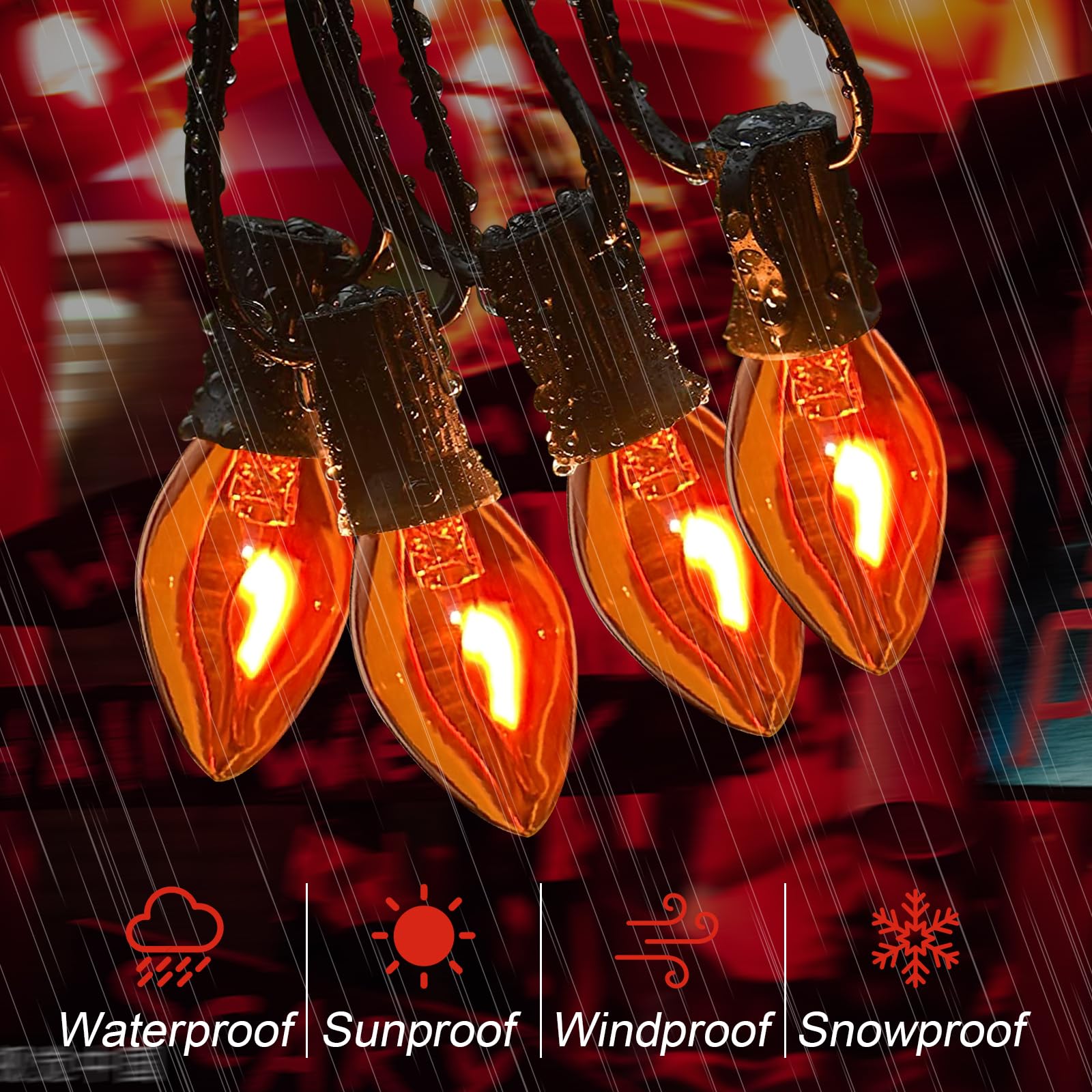 Abeja Orange Halloween Lights  25Ft Orange Flickering Lights String With 27 Flame Incandescent Blubs  Halloween Waterproof Flicker Lights For Spooky Thanksgiving Party Decor