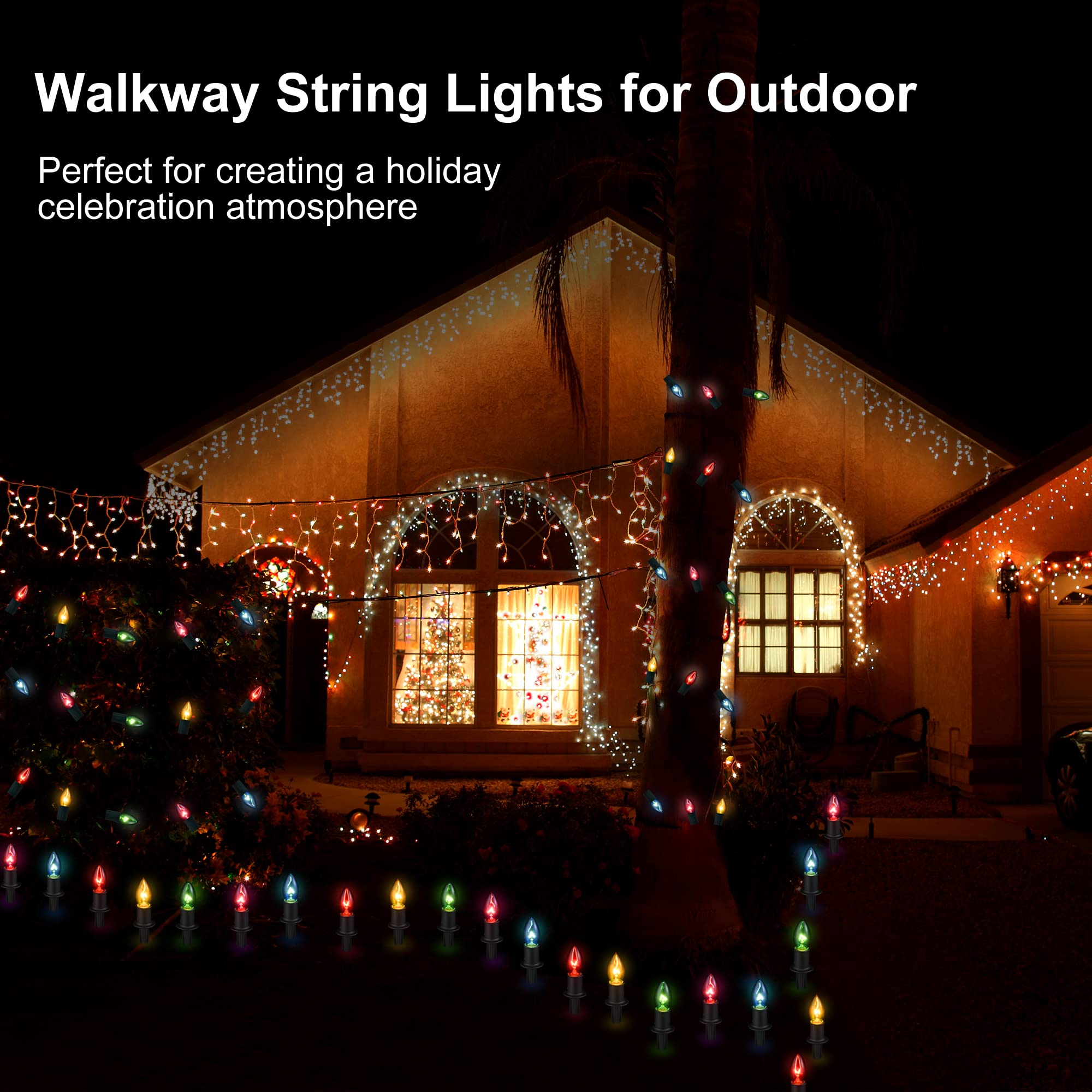 TIORIY C9 Christmas Pathway Lights, 29ft Multicolor Outdoor Decorations, 25 Packs with Stakes, Model BW-C9-A1-7-25