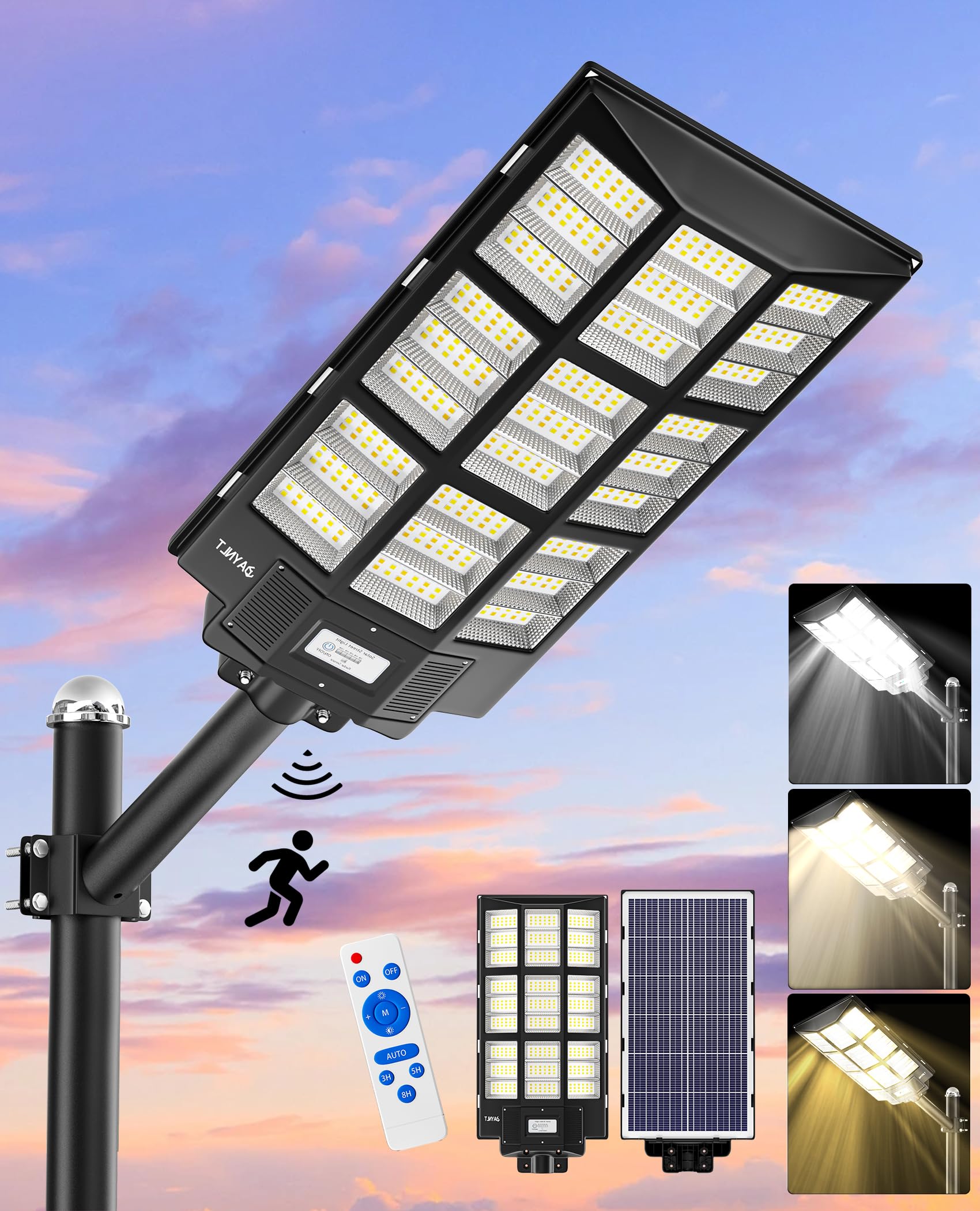JAYNLT Y-7200W Solar Street Lights Outdoor,680000LM 6500K High Lumen Solar Parking Lot Lights Commercial, Dusk to Dawn Solar Sec
