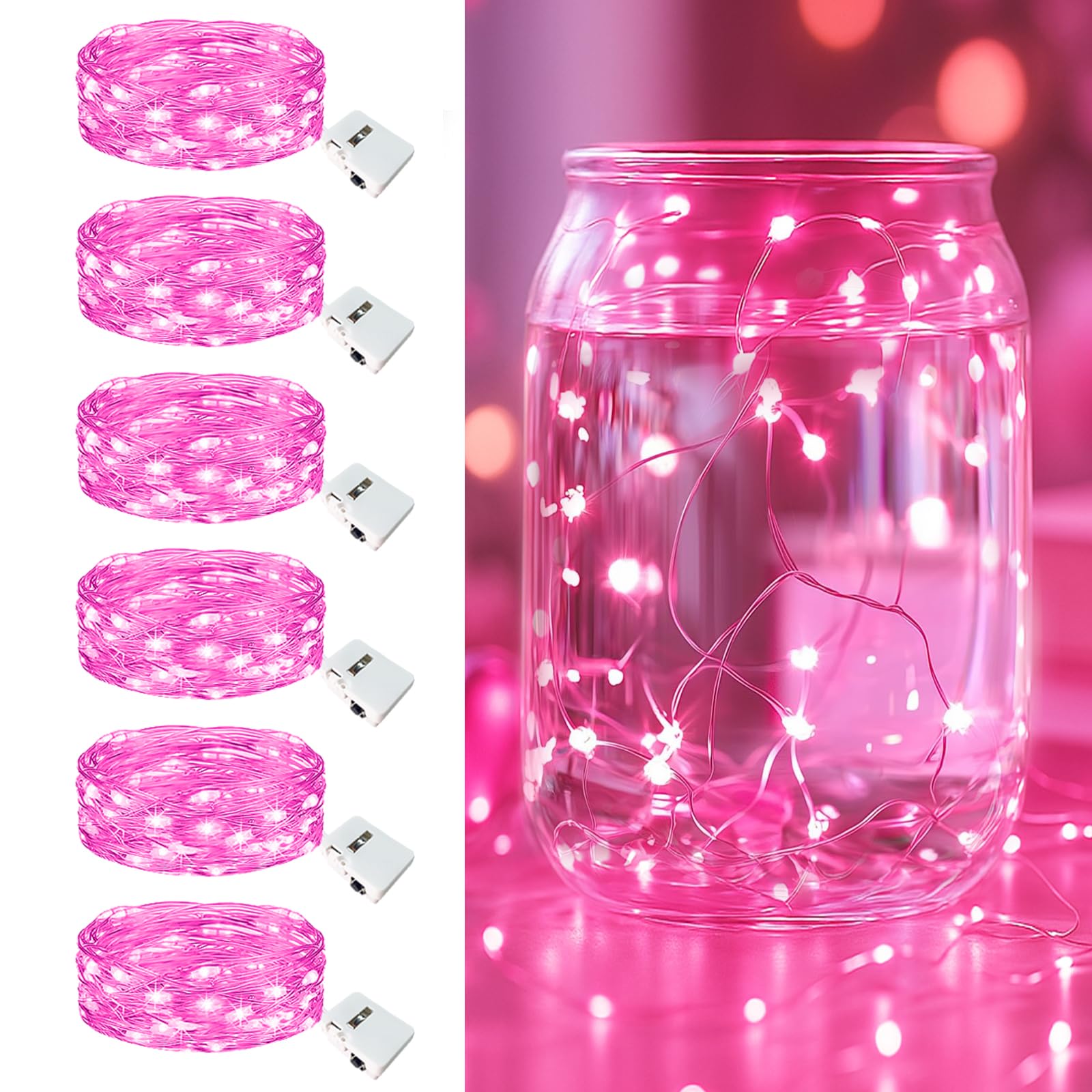 6 Pack Fairy Lights Battery Operated - 7ft 20 Led Twinkle Lights 3 Modes  Bulk Mini String Lights Waterproof for Mason Jars Vases DIY Party Wedding Decoration Christmas - Pink