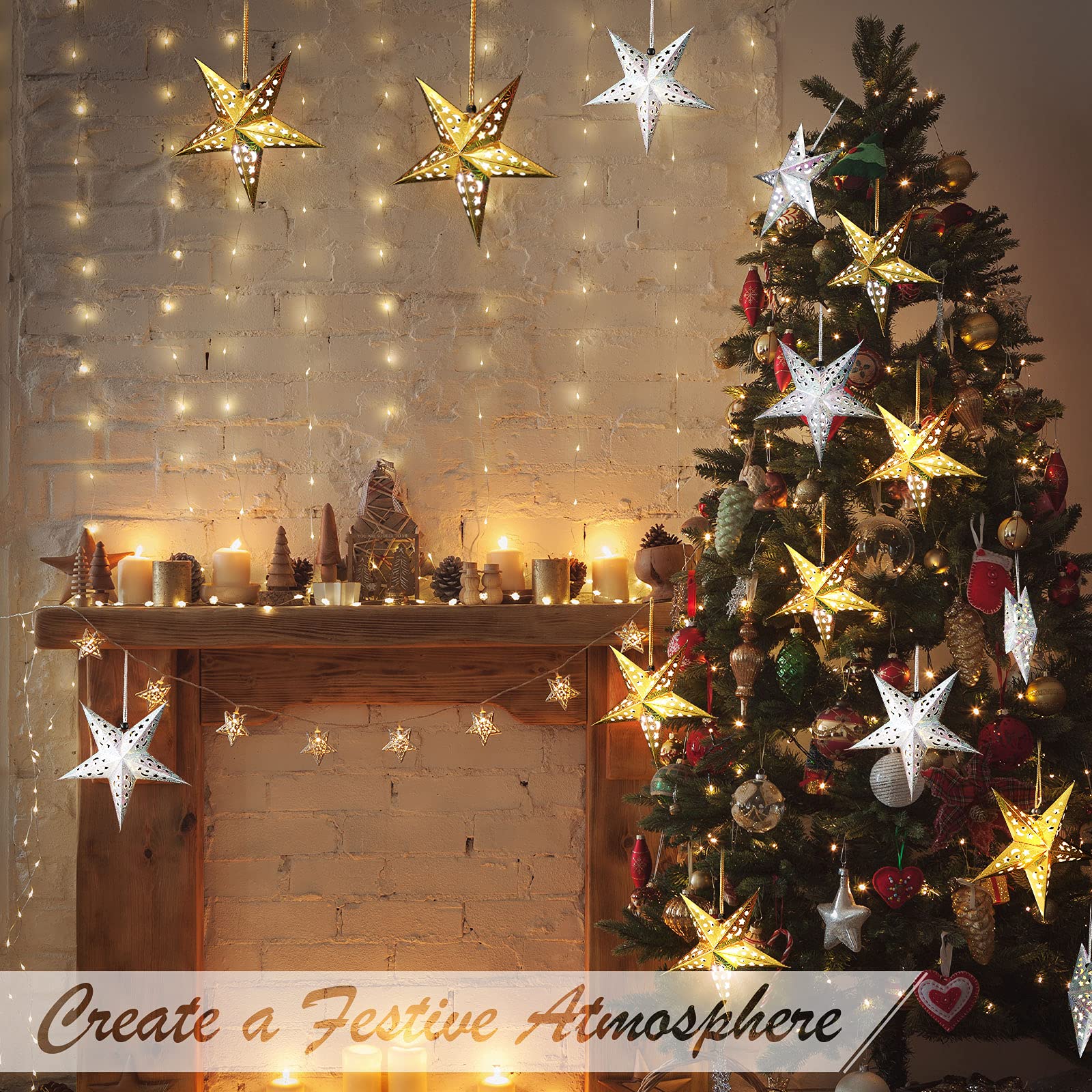 Zhanmai 10 Pcs 3D Christmas Paper Star Lanterns with 20 LED Lights - Gold & Silver Hanging Decoration for Home Decor