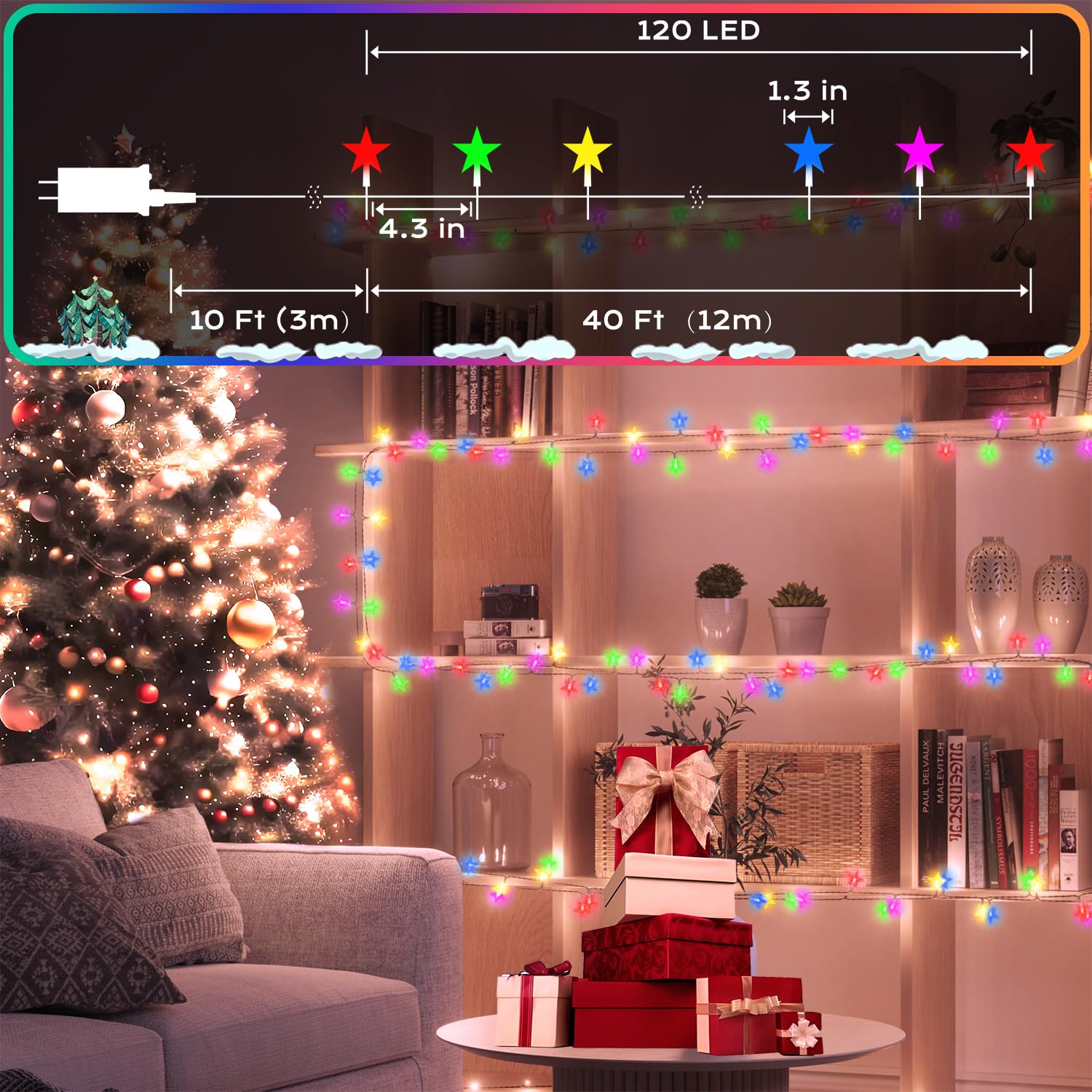 120 Led 40Ft Star String Lights, 8 Modes Plug In Christmas Lights With Timer & Memory, Indoor Outdoor Christmas Twinkle Lights F