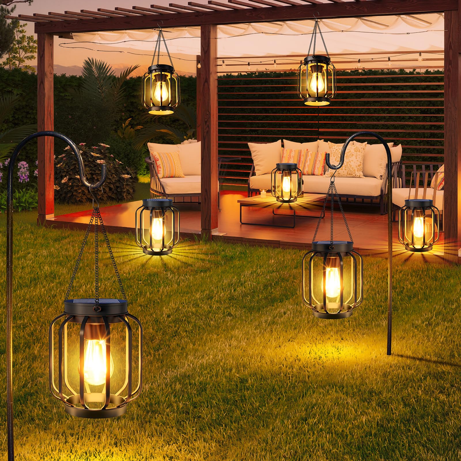 Aounq Solar Lanterns Outdoor Waterproof 4 Pack  14.37 Metal Hanging Solar Lights For Outside With Auto On/Off & Hook - Brighter Hanging Outdoor Lanterns Decorative Lighting For Garden Patio Yard