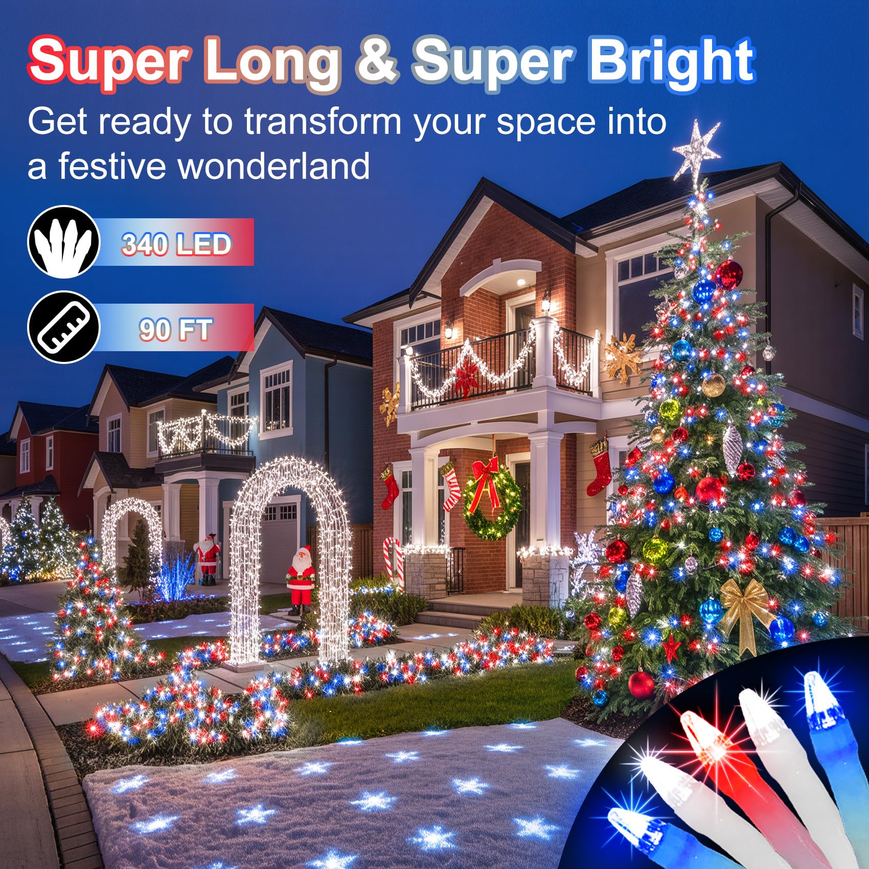 340 Led 90Ft Christmas String Lights Outdoor  12 Pro Modes And Timer Memory & Brightness  Plug In Outdoor Waterproof Clear Wire Twinkle Light For For Xmas Yard Tree Wedding Party Decor Red White Blue