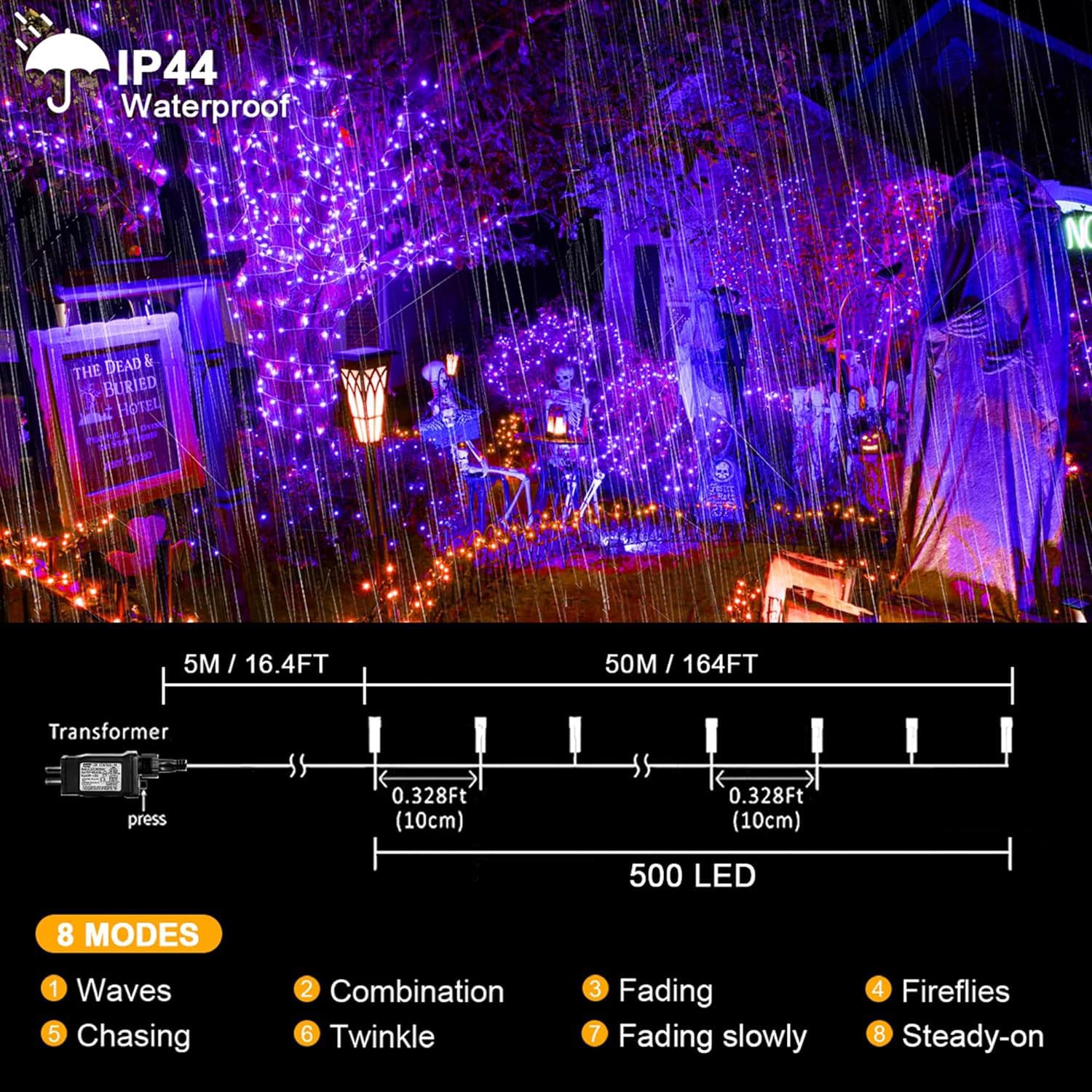 kemooie 500 LED Purple Christmas Lights, 164FT, Waterproof, 8 Twinkle Modes, Model HB-500COI