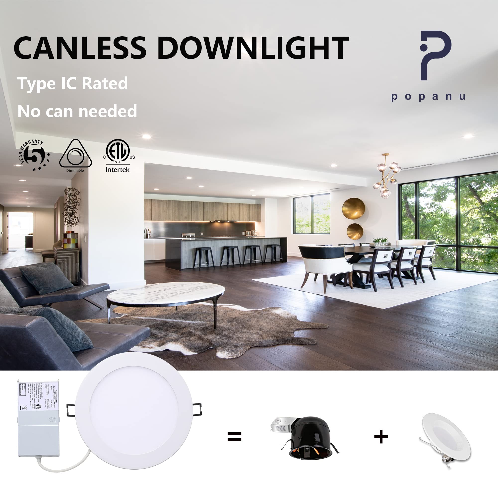 Popanu Led Canless Recessed Downlight Ultra-Thin 6 Inch 5 Cct Adjustable Ceilling Light With Junction Box, 12W 1027Lm Color Temp