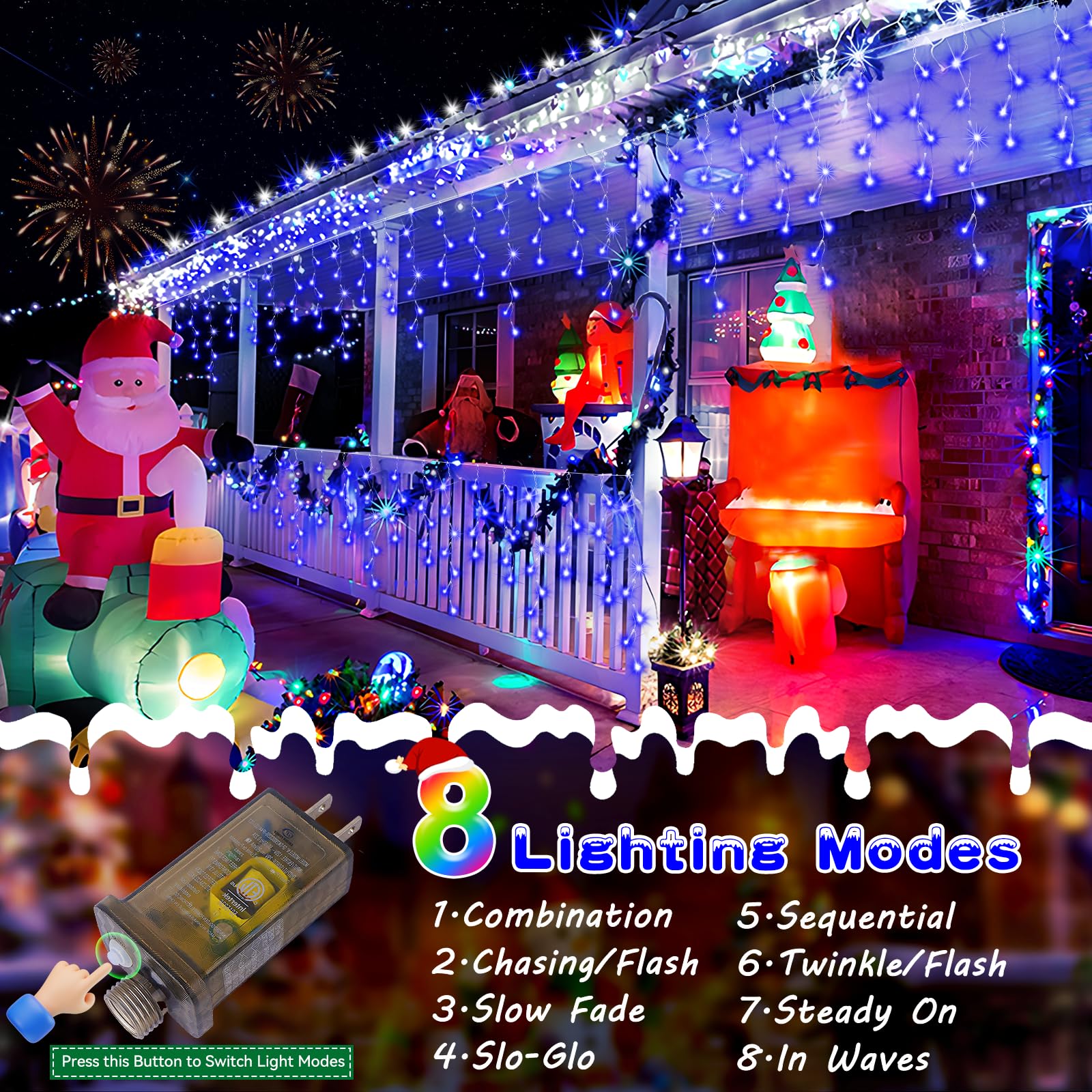 Heceltt 360LED Christmas String Lights, 49FT, 72 Drops, Blue, Waterproof, 8 Modes, Plug-in, Timer, Model HECE-ST82