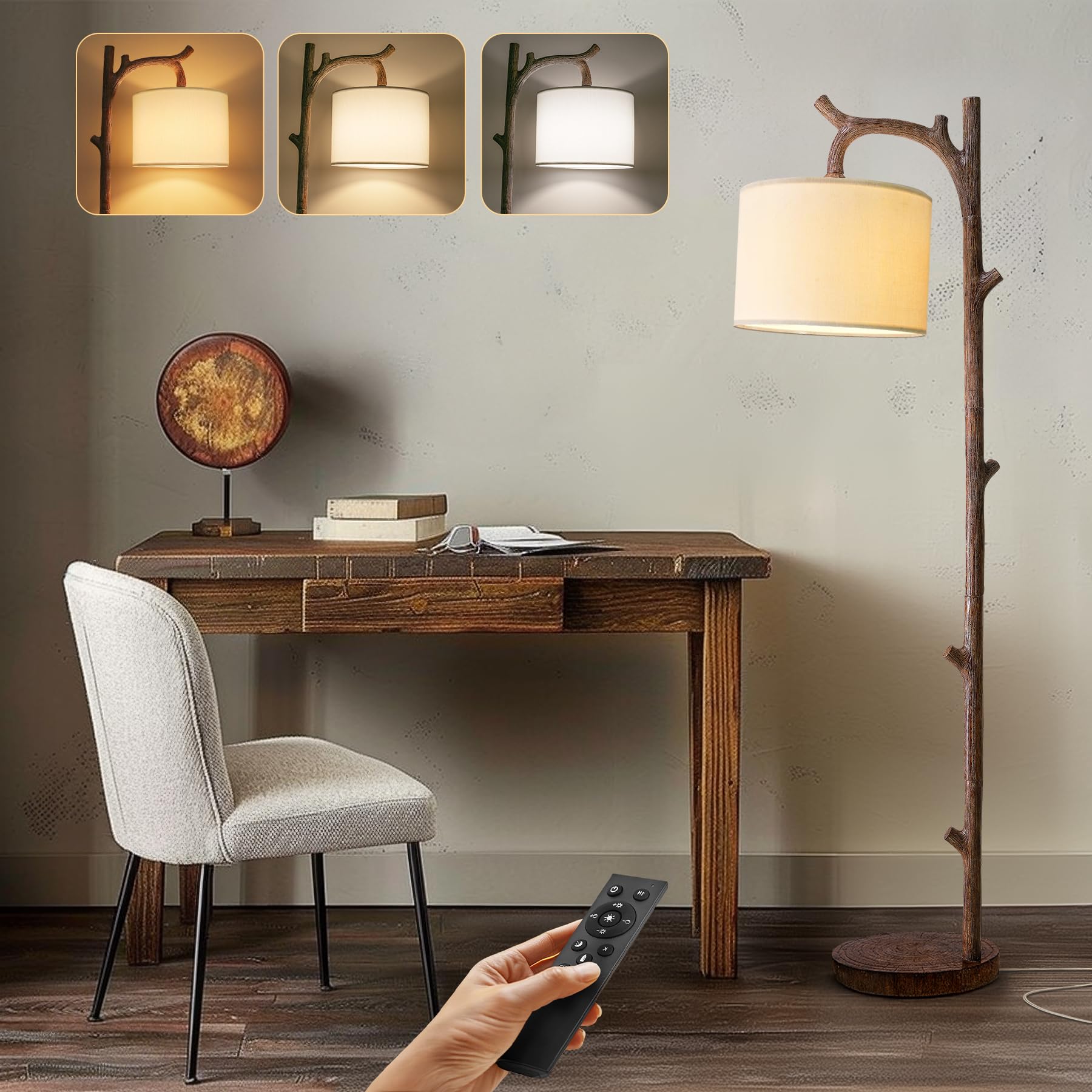 Oyears Retro Farmhouse Floor Lamp For Living Room With Remote Rustic Standing Lamps Tree Trunk Deco Modern Country Vintage Wood 