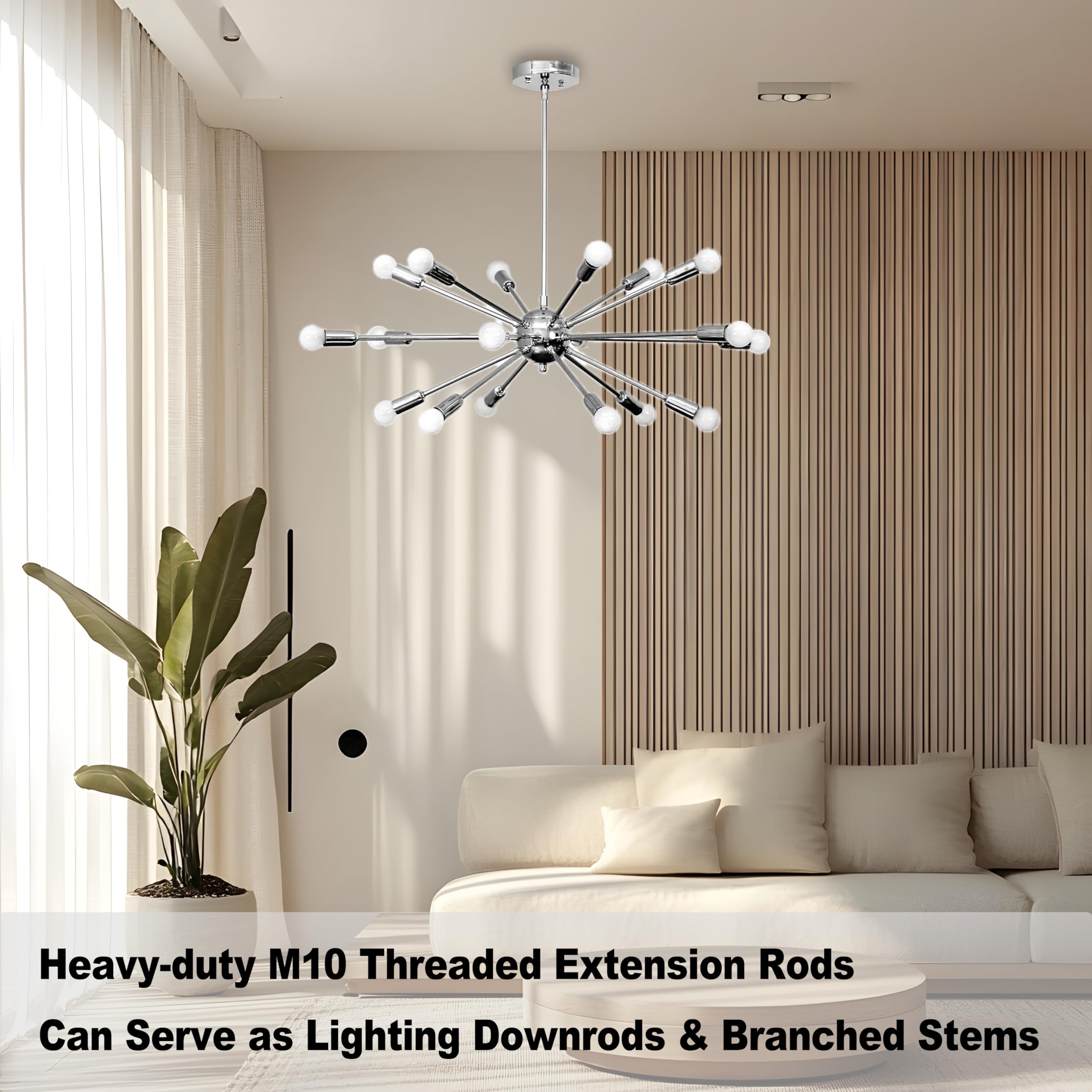 8 Pieces M10 Threaded Extension Poles Lighting Fixture Downrods Stems & 180 Degrees Sloped Ceiling Adapter Kits For Pendant Light  Island Lighting  Chandeliers (Chrome)