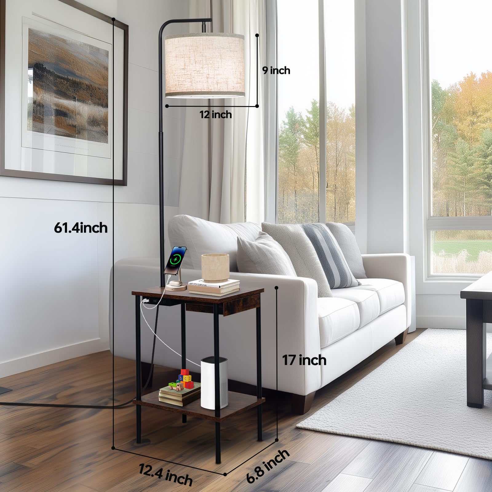 Eoeyyoyb Floor Lamp With Table & Drawers, End Table Lamp With Usb Charging Portt Power Outlet And Shelves, Side Table Reading Li