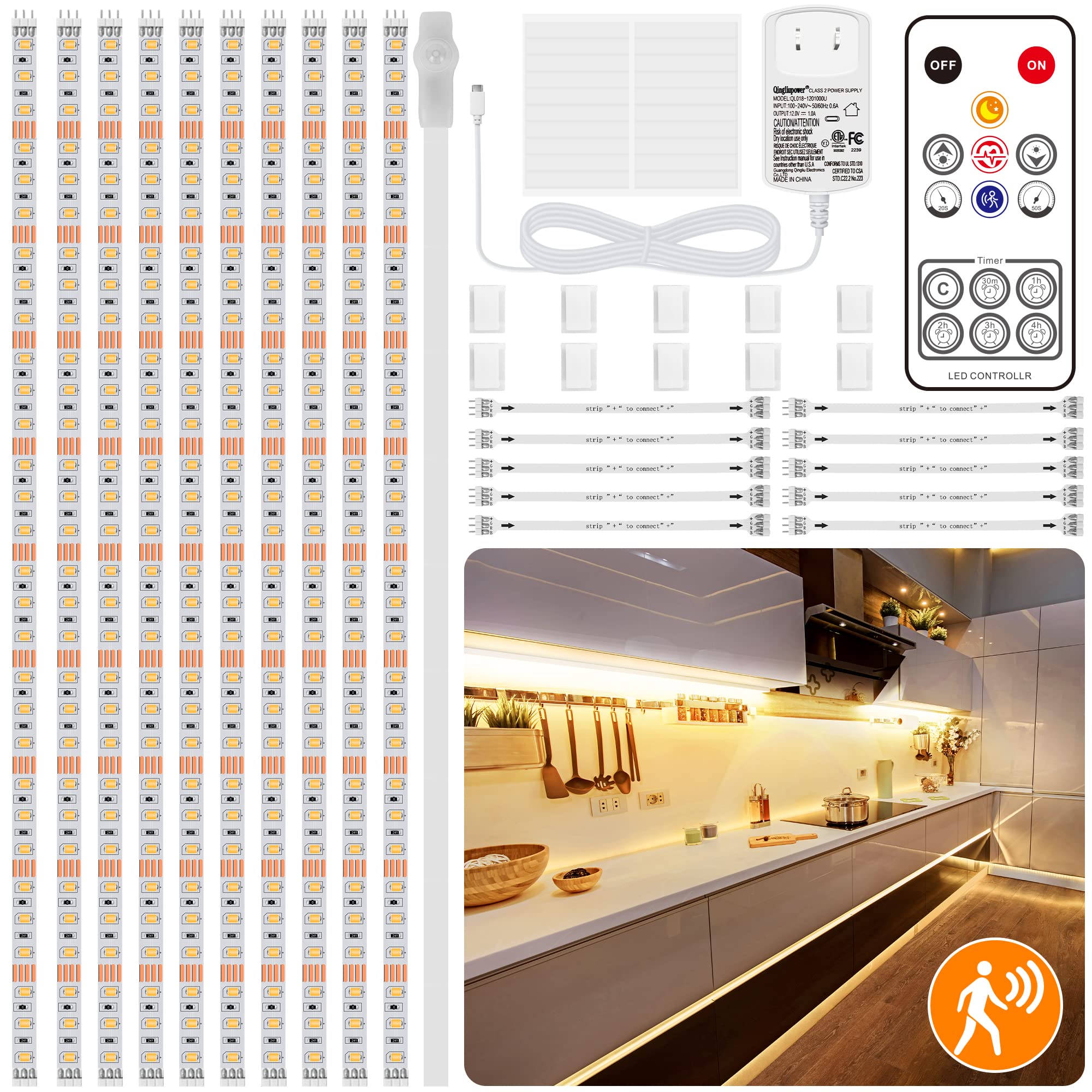 LAFULIT Under Cabinet Lights Kit, Motion Sensor LED Strip, Dimmable Timer, 16.4FT, Warm White