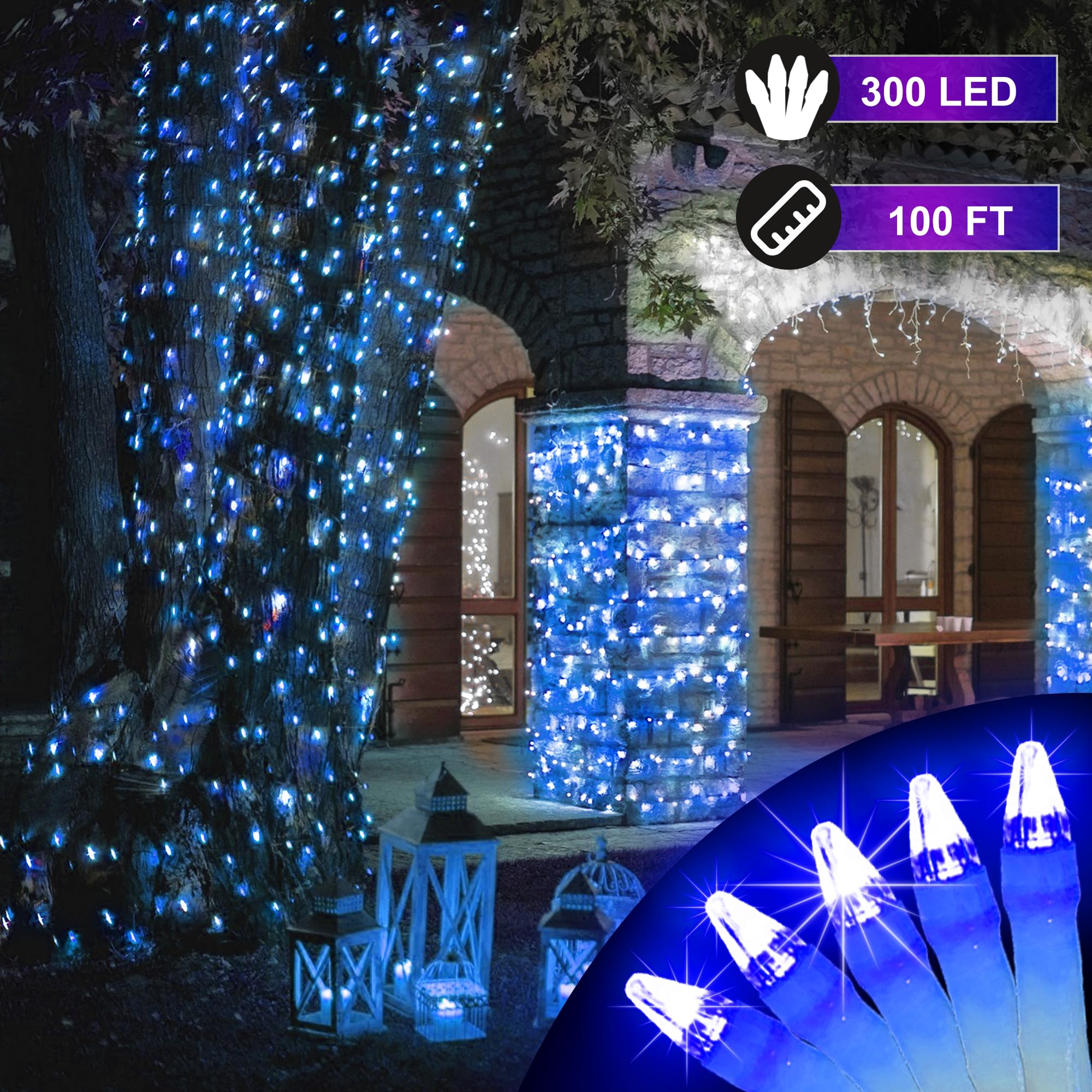 HRANBOTY 300LED Christmas String Lights, 100FT Connectable, Blue, 8 Modes, Timer, Indoor/Outdoor Decor, Model HS-300L