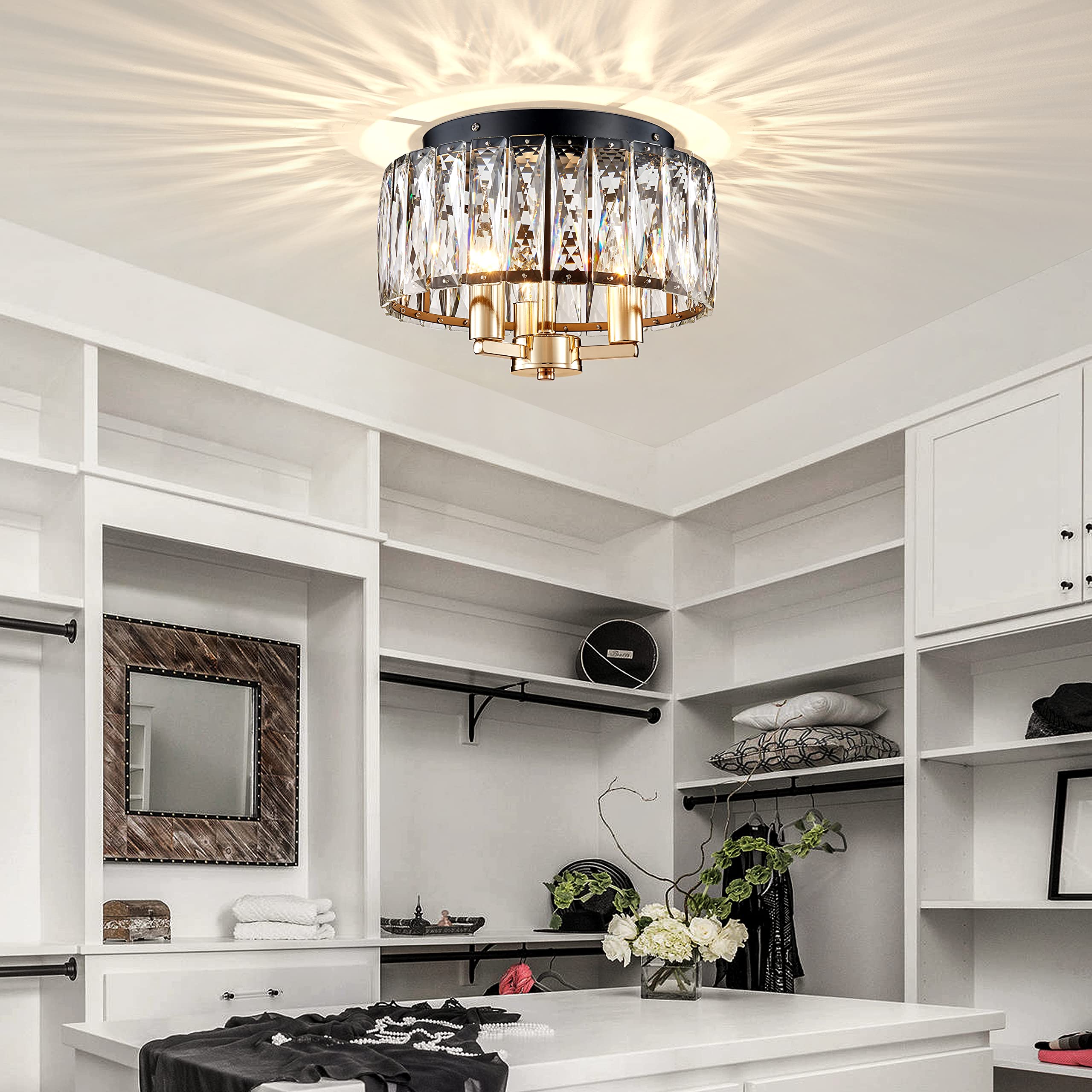 Agv Lighting Cl002Bb Crystal Flush Mount Ceiling Light Fixture, E12 Base 3-Lights, D13 X H15, Shine Gold & Matte Black Finish