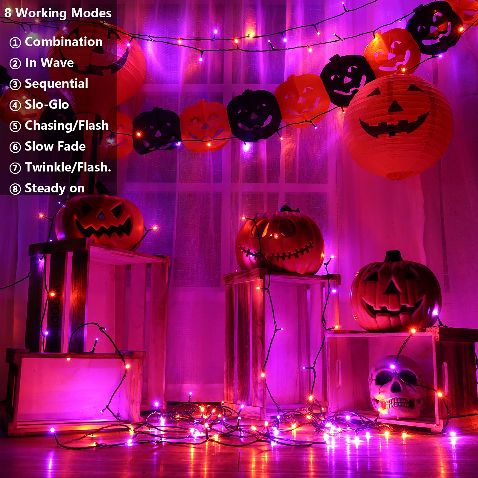 Joomer 200 LED Battery Operated String Lights, 66ft Waterproof, 8 Modes & Timer, Orange Purple for Halloween Decorations