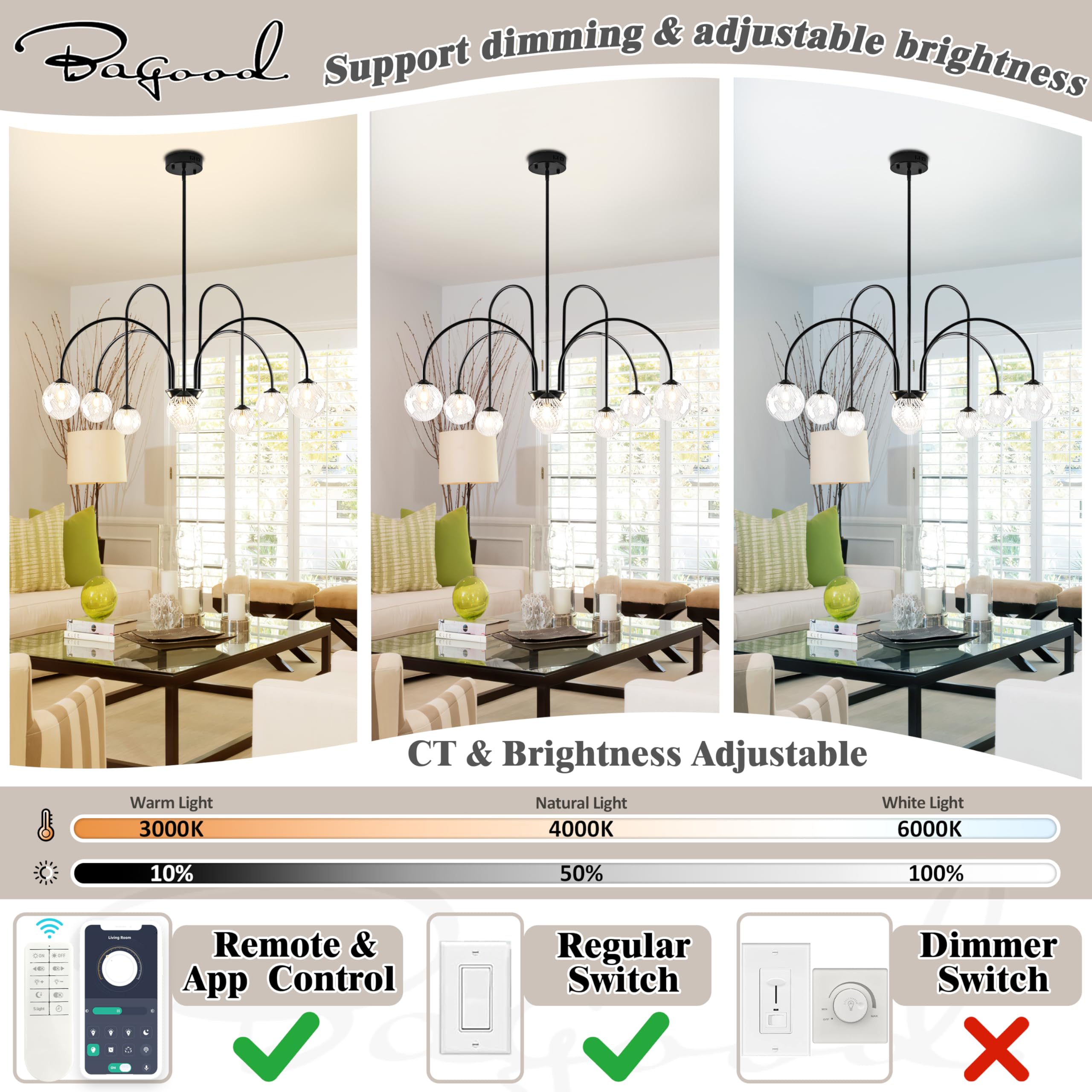 Bagood 8-Light Black Sputnik Chandelier, 38.5” Clear Glass Shade, Metal Fixture, Model DGQ-U08-QH for Bedroom Kitchen