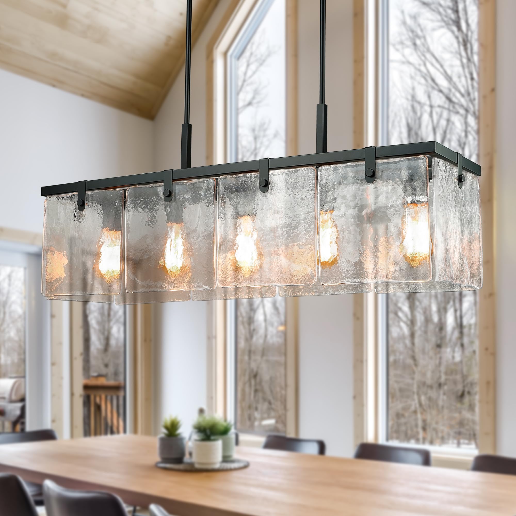 IKK Modern Textured Glass Chandeliers for Dining Room, 37 Rectangular Island Light Fixture, Rectangle Farmhouse Lighting for Kit