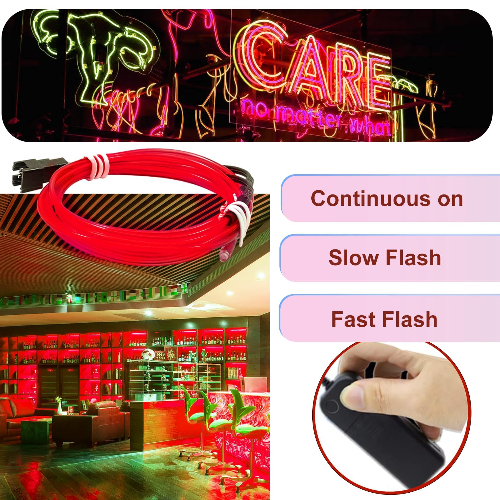Ourbest Neon Strip Light Wire, 5-Pack 30Ft, 3 Modes, Plastic, Red, Model ELRED
