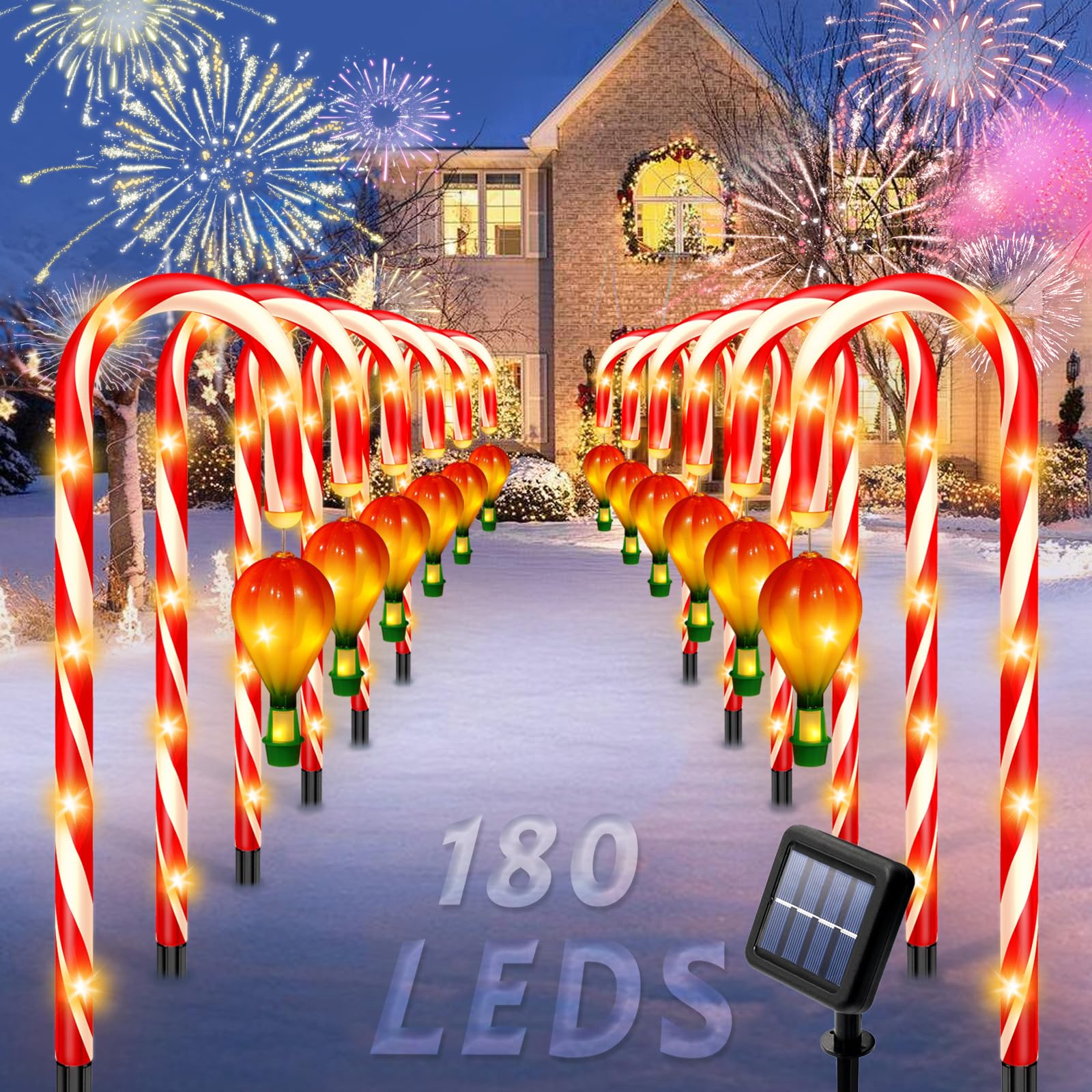 12 Pack Outdoor Solar Christmas Decorations, 180 Bright LED Solar Candy Cane Christmas Lights 8 Lighting Modes, Waterproof Outsi