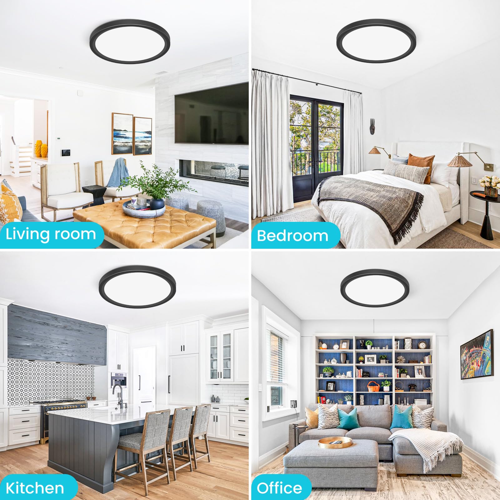 Libtit 12 Inch Flush Mount Led Ceiling Light Fixture  3000K 4000K 6500K Adjustable  28W 3200Lm Black Round Lighting Fixtures For Bathroom Shower Hallway Kitchen  2 Pack