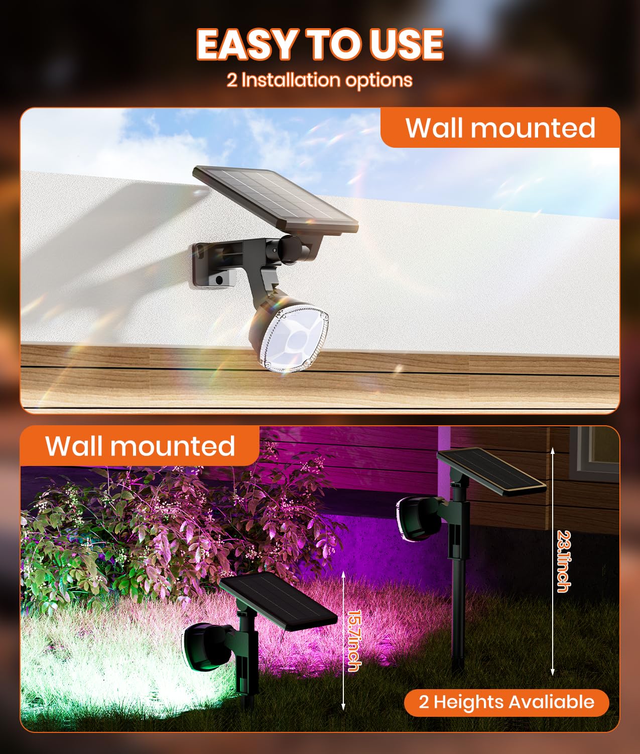 Solar Lights Outdoor, 36 LED 8 Color Modes Solar Spot Lights, Multicolor RGB Solar Garden Lights Waterproof IP67, 2-in-1 Wall Li