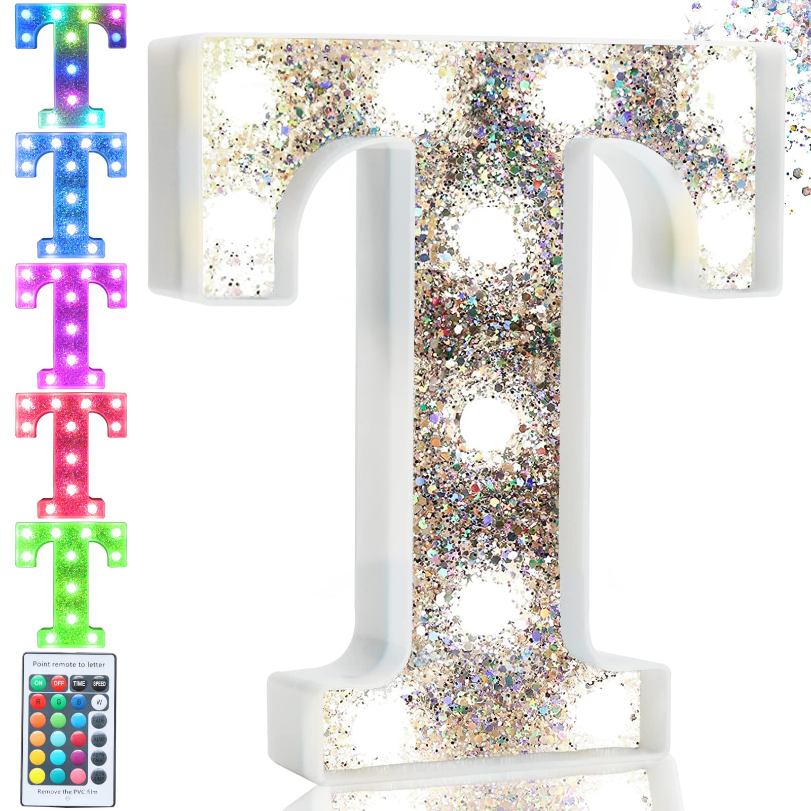 Pooqla Silver LED Marquee Letter T Lights, Colorful Battery Operated, 16 Colors, Glitter Alphabet Sign for Parties and Decor