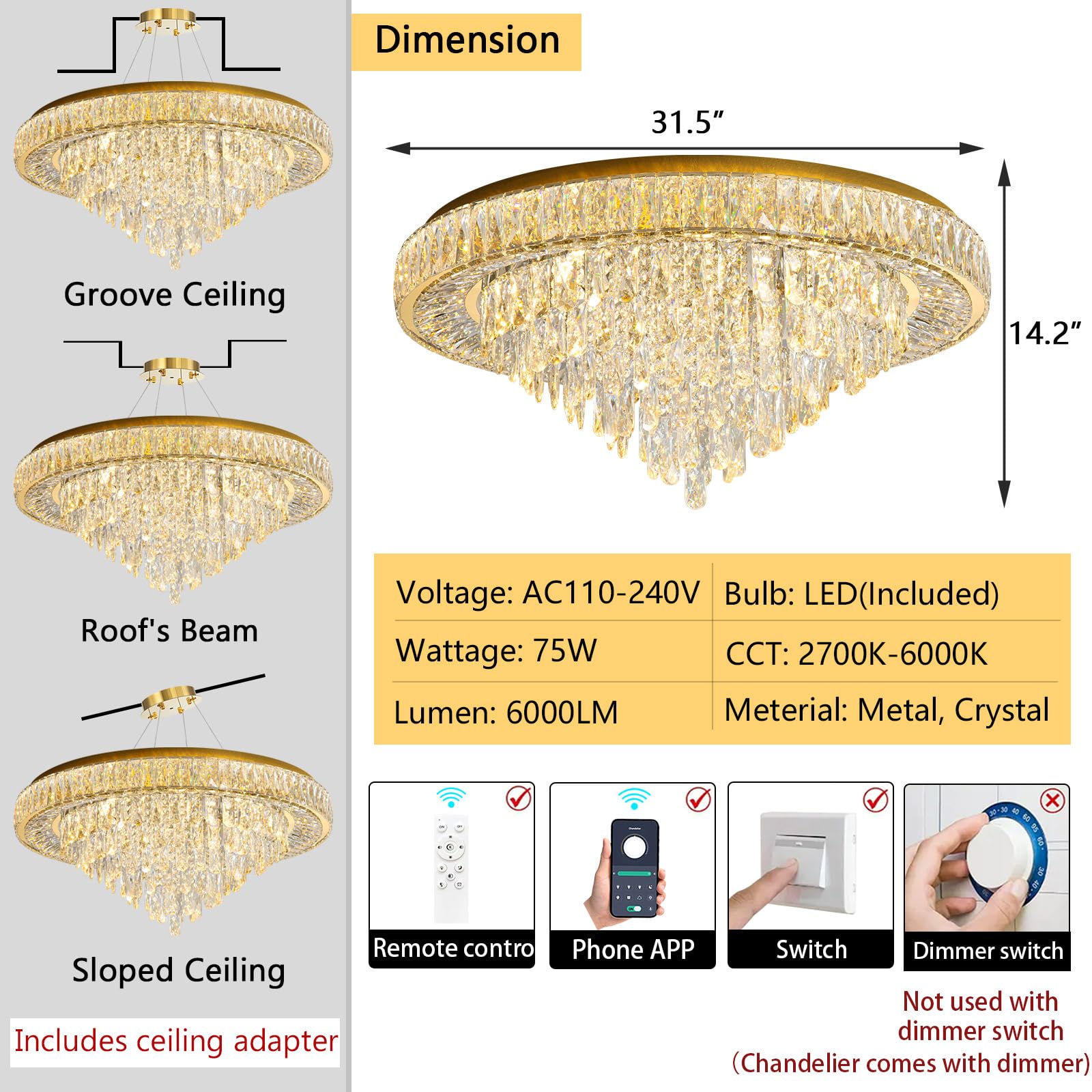 dolria Modern Crystal Chandelier LED Dimmable Pendant Light Fixture 31.5'' Gold Flush Mount for Living Room, Dining Room, Bedrooms, Foyer