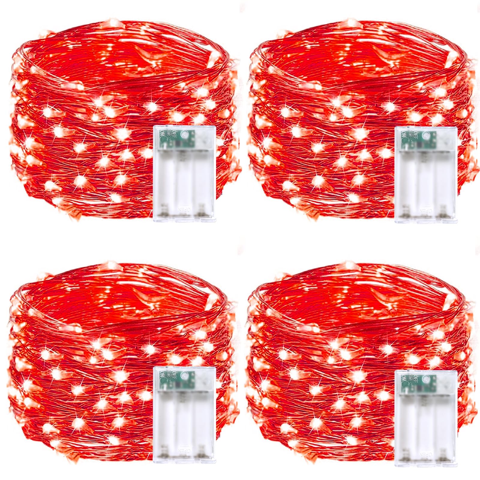 EXF 4-Pack Fairy Lights, 50 LED, Battery Operated, Waterproof, 16FT, Red, Model YHY-BO50LED