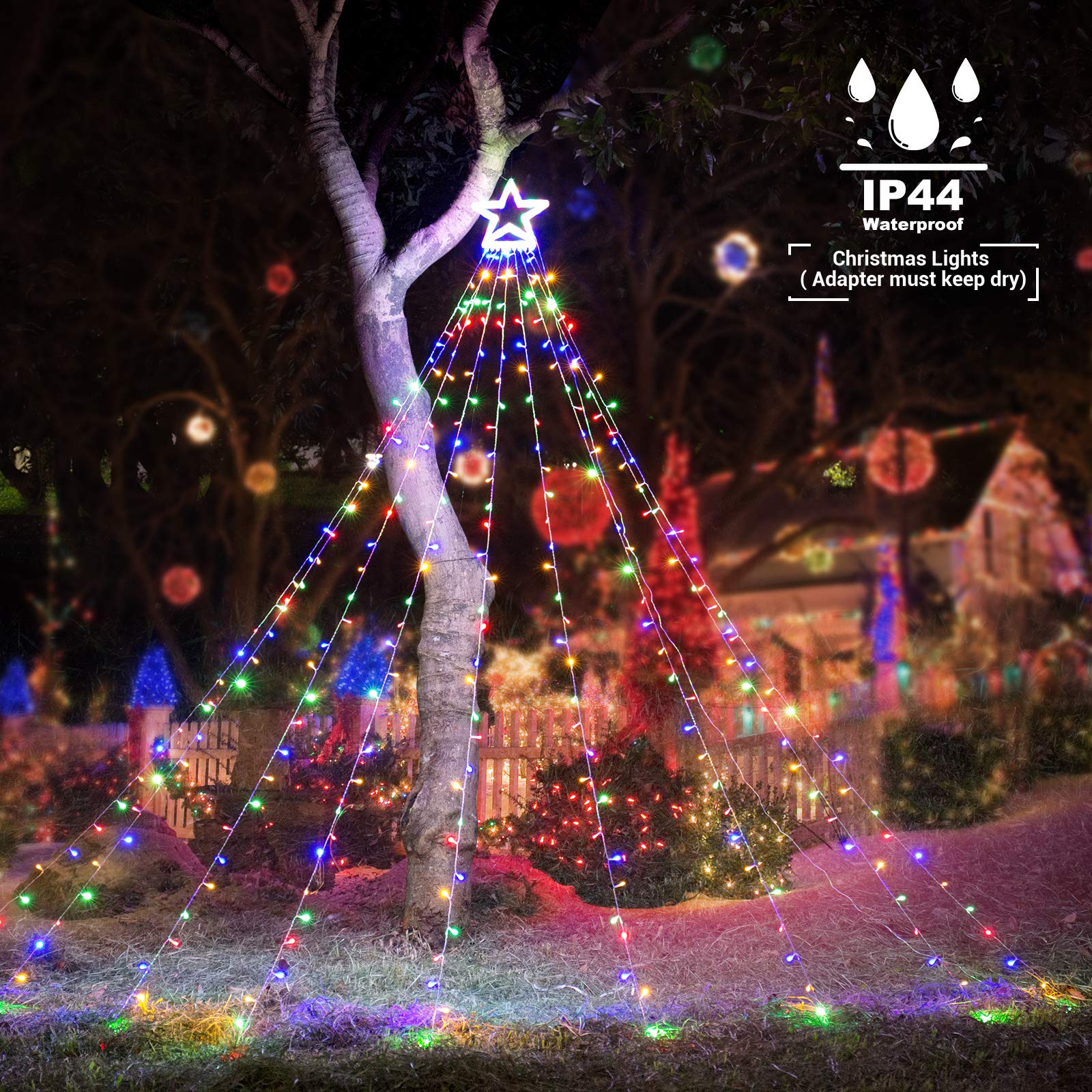 Toodour Christmas Decorations Outdoor Star Lights, 317 Led 10Ft X 9 Waterfall Tree Lights With 12" Topper Star, 8 Lighting Modes Outside Christmas Lights For Yard Garden Holiday Decor (Multicolor)
