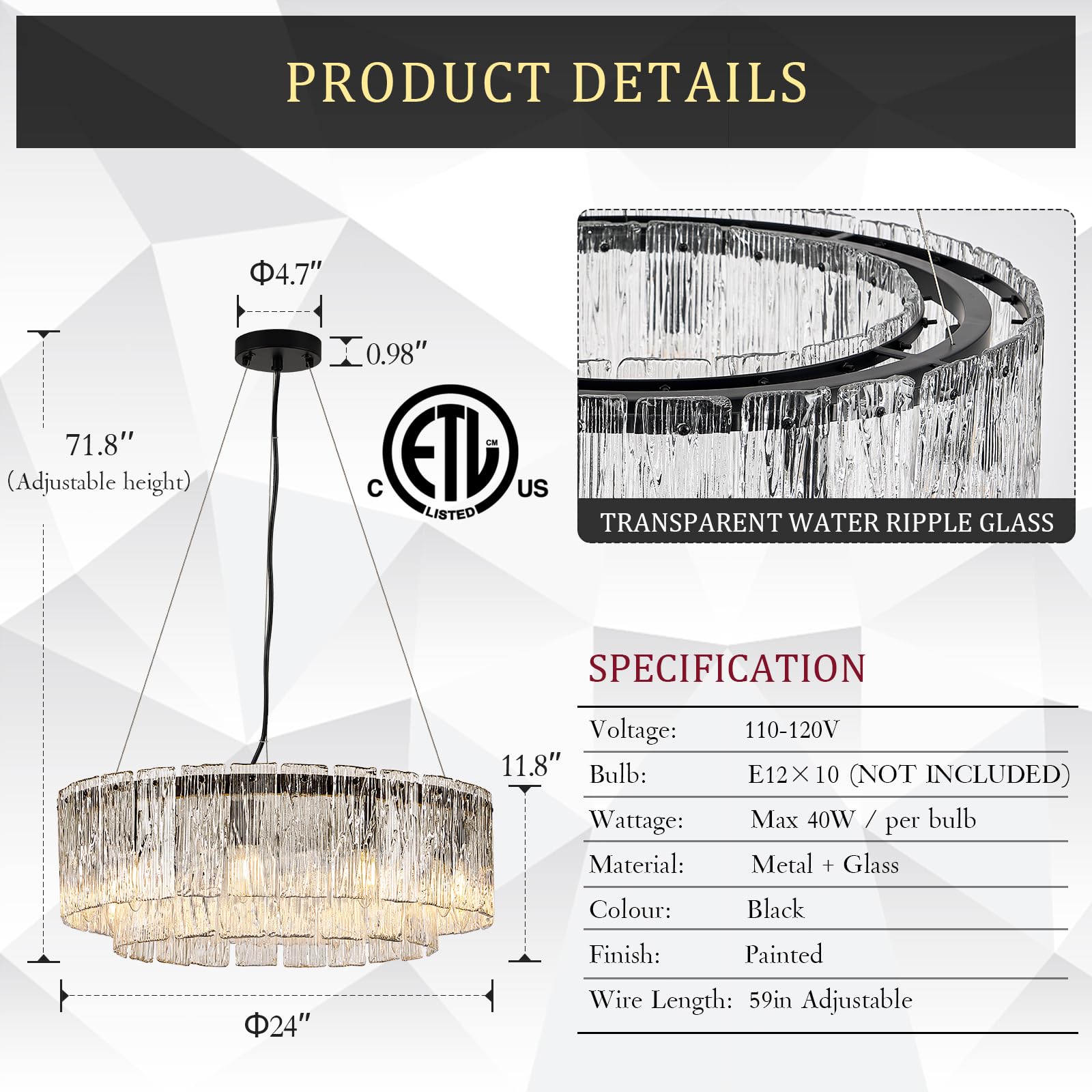 CATINER 24” Black Crystal Glass Chandelier, 10-Light Drum Pendant Ceiling Fixture for Dining Room, Foyer, Living Room, Bedroom