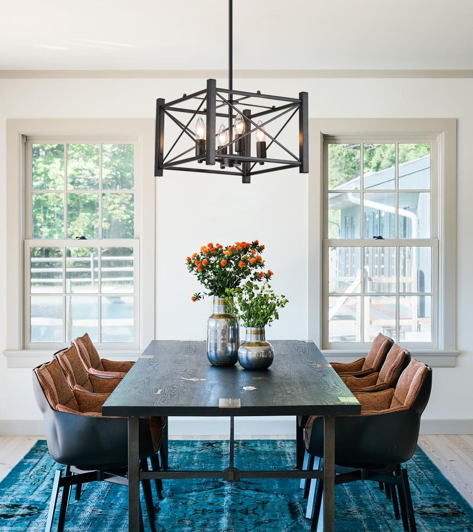 Amzasa Farmhouse Chandelier,Black Square 4-Lights Lantern Pendant Light, Rustic Cage Industrial Hanging Light For Kitchen Island, Dining Room, Hallway Entryway Foyer