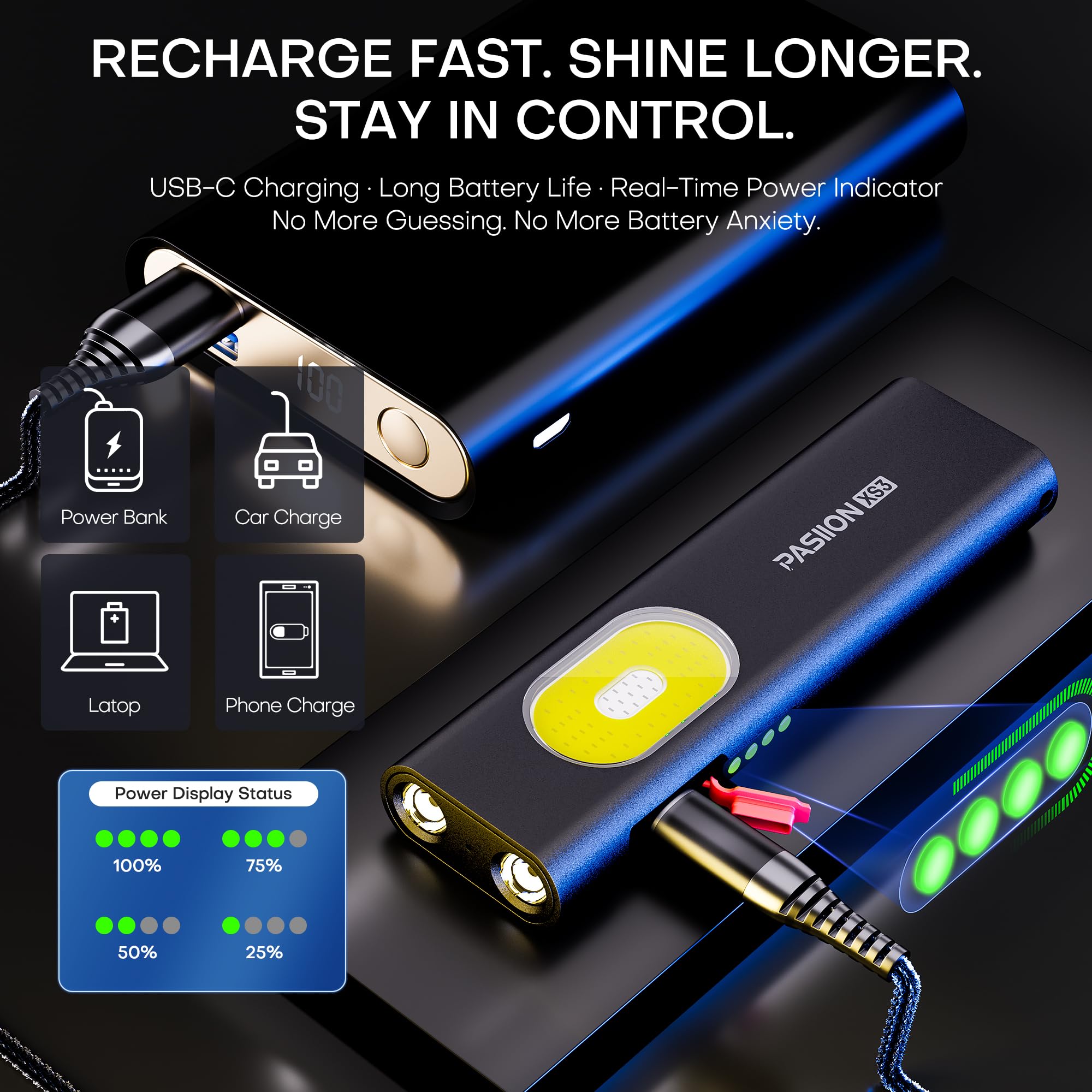 PASIION UV Rechargeable EDC Flashlight, 1400 Lumens, Black, Aluminum, Model ESEN389, Magnetic Base, USB-C Charging, Multi-Color Lights