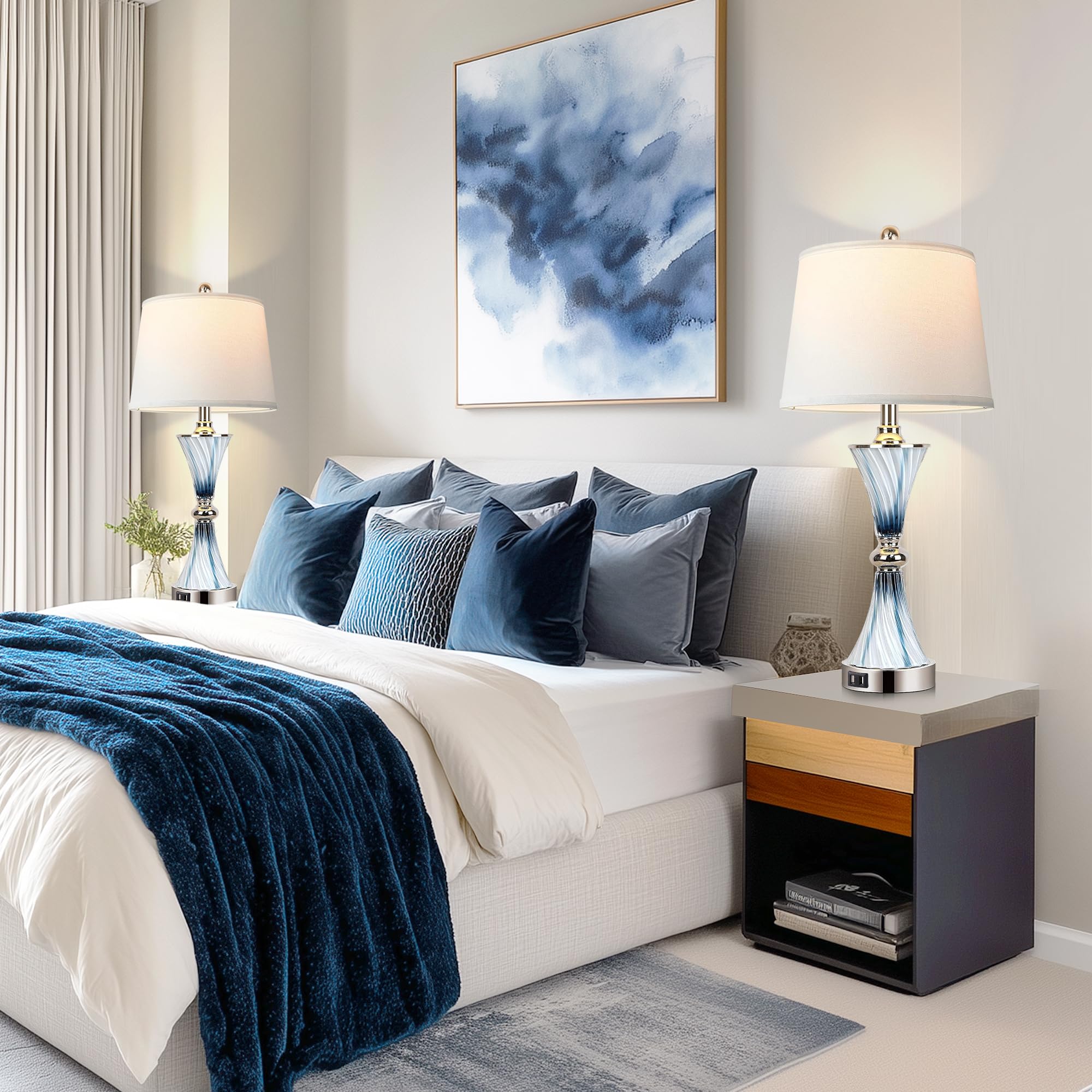 Hamucd 3-Way Dimmable Touch Glass Table Lamps For Bedrooms With 2 Usb Ports Set Of 2 Coastal Beach Bedside Lamps For Contemporary Modern Night Stand Lamps With 2 Led Bulbs For Lighting Decor