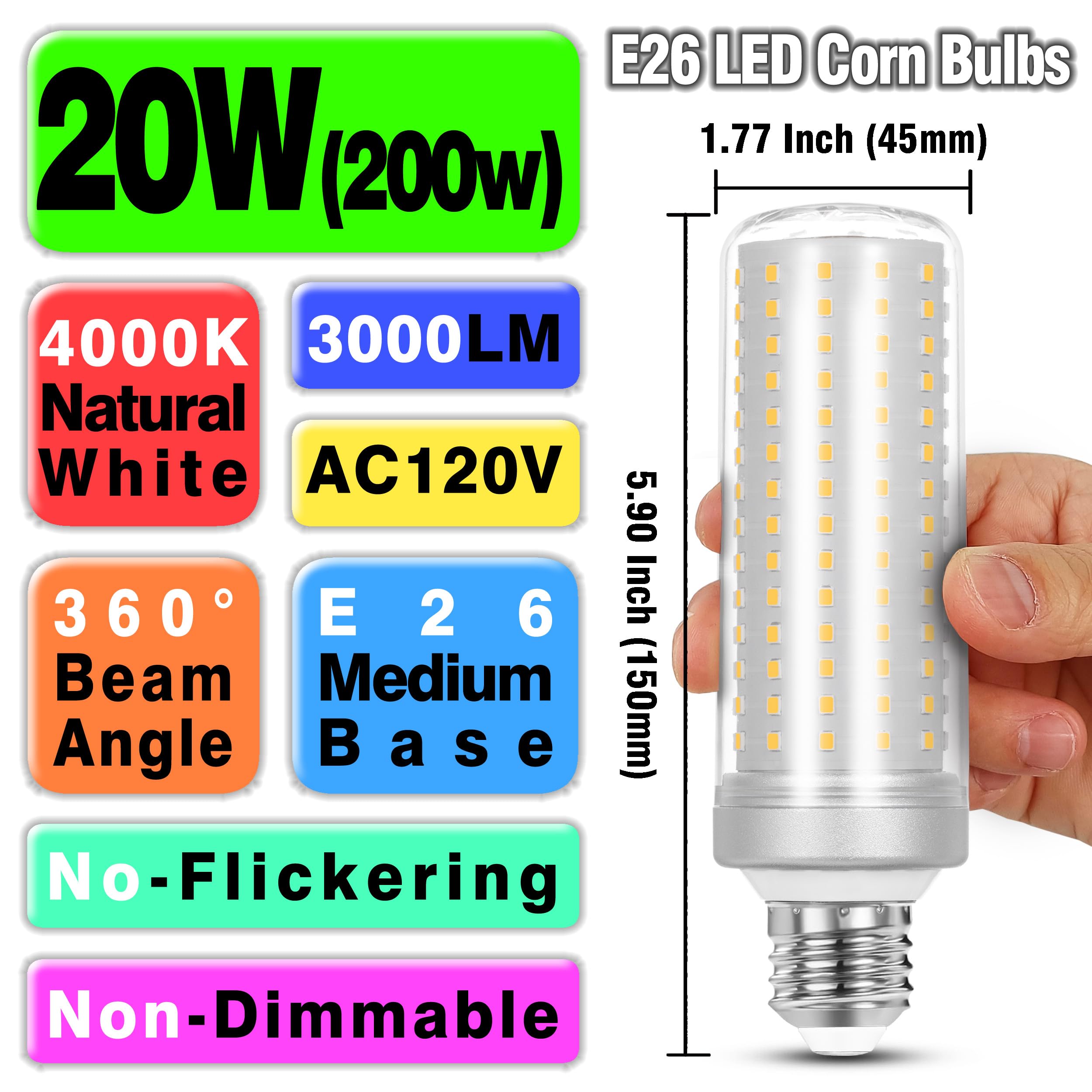 1.77X 5.9 Inch,E26 E27 Led Corn Light Bulb 200W Replacement 3000 Lm 4000K Natural White,20W E26 Medium Base Non-Dimmable Candela