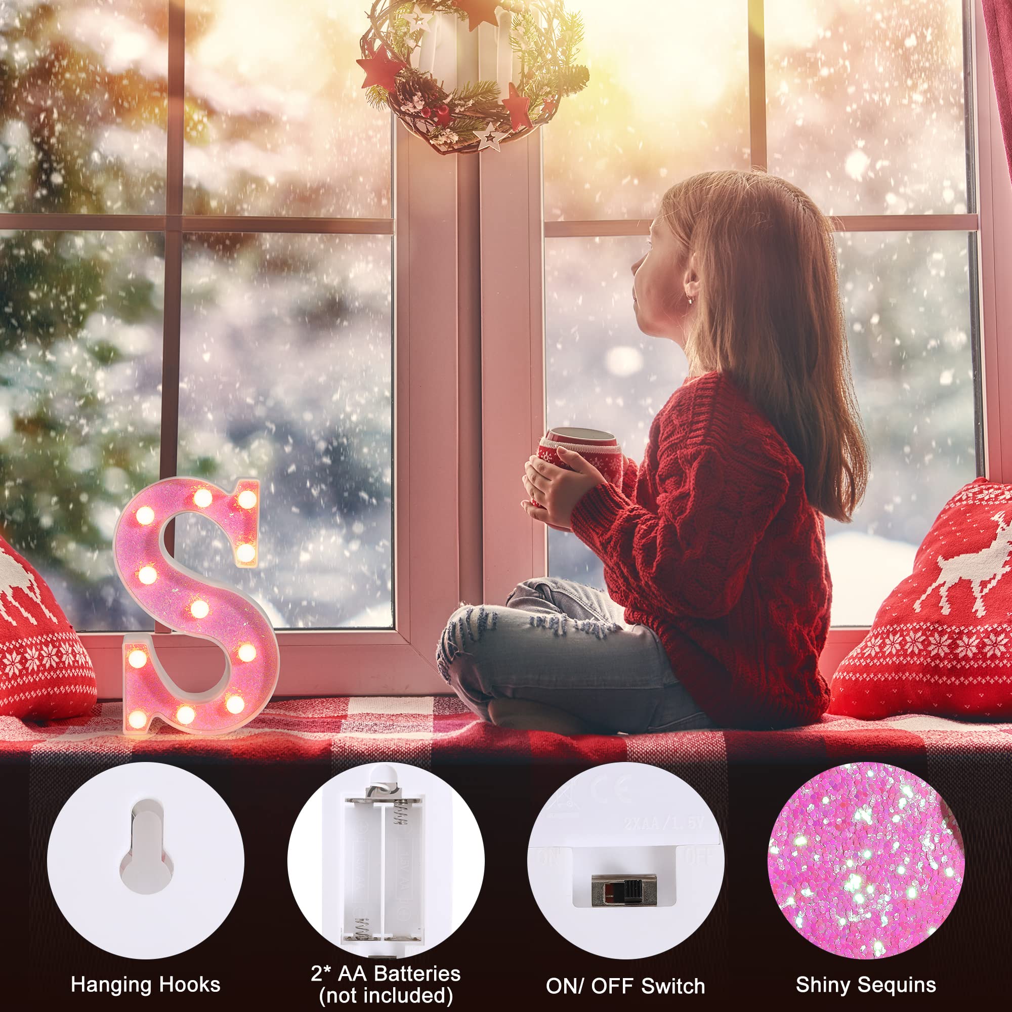 Foaky Led Letter Lights Sign Light Up Pink Letters Glitter Alphabet Letter Sign For Night Light Wedding/Birthday Party Battery Powered Christmas Lamp Girls Gifts Home Bar Decoration(P)