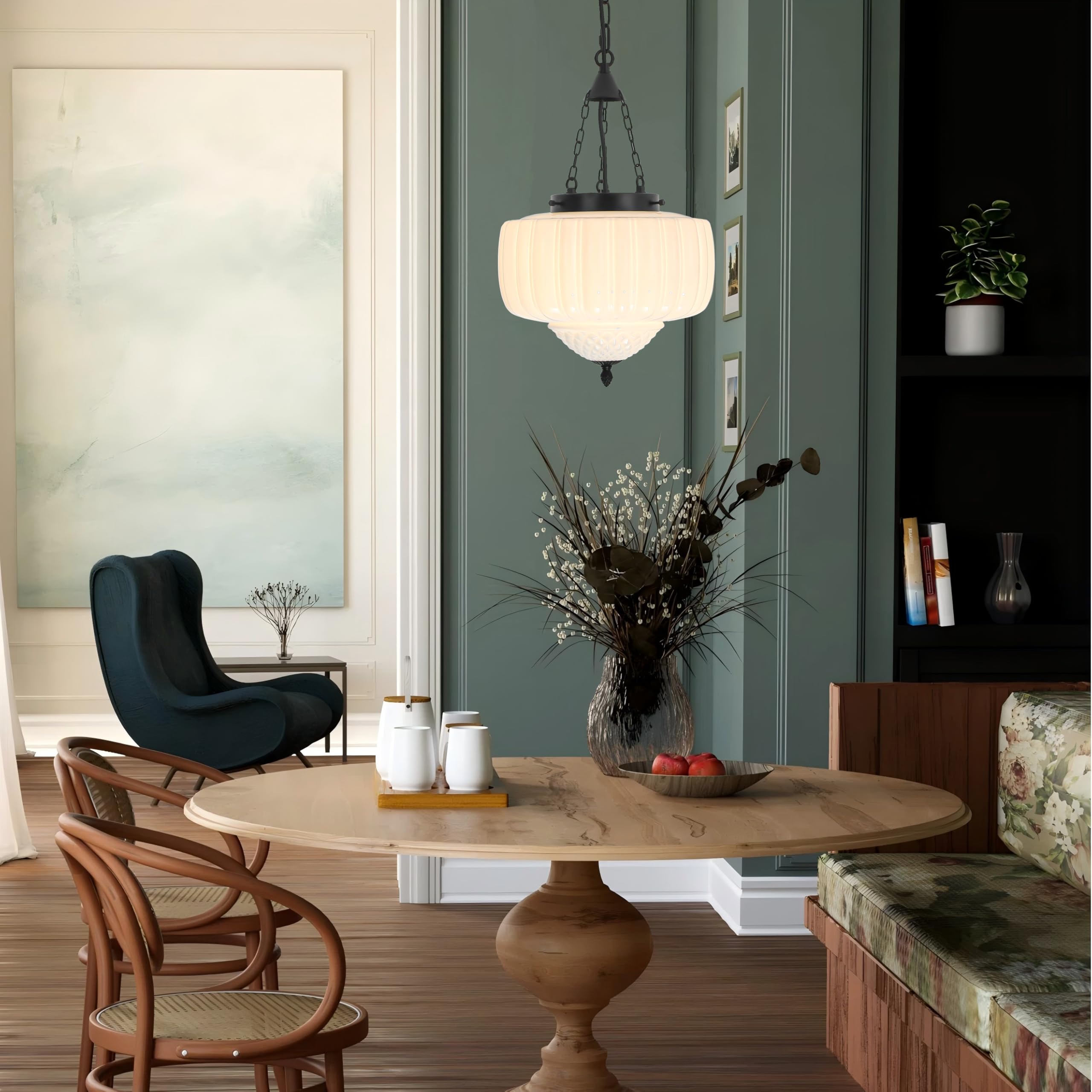 FCTWAKS Milk Glass Pendant Light, 12" Mid Century Modern, Black Finish, Frosted Glass, Ideal for Kitchen Island or Dining Room