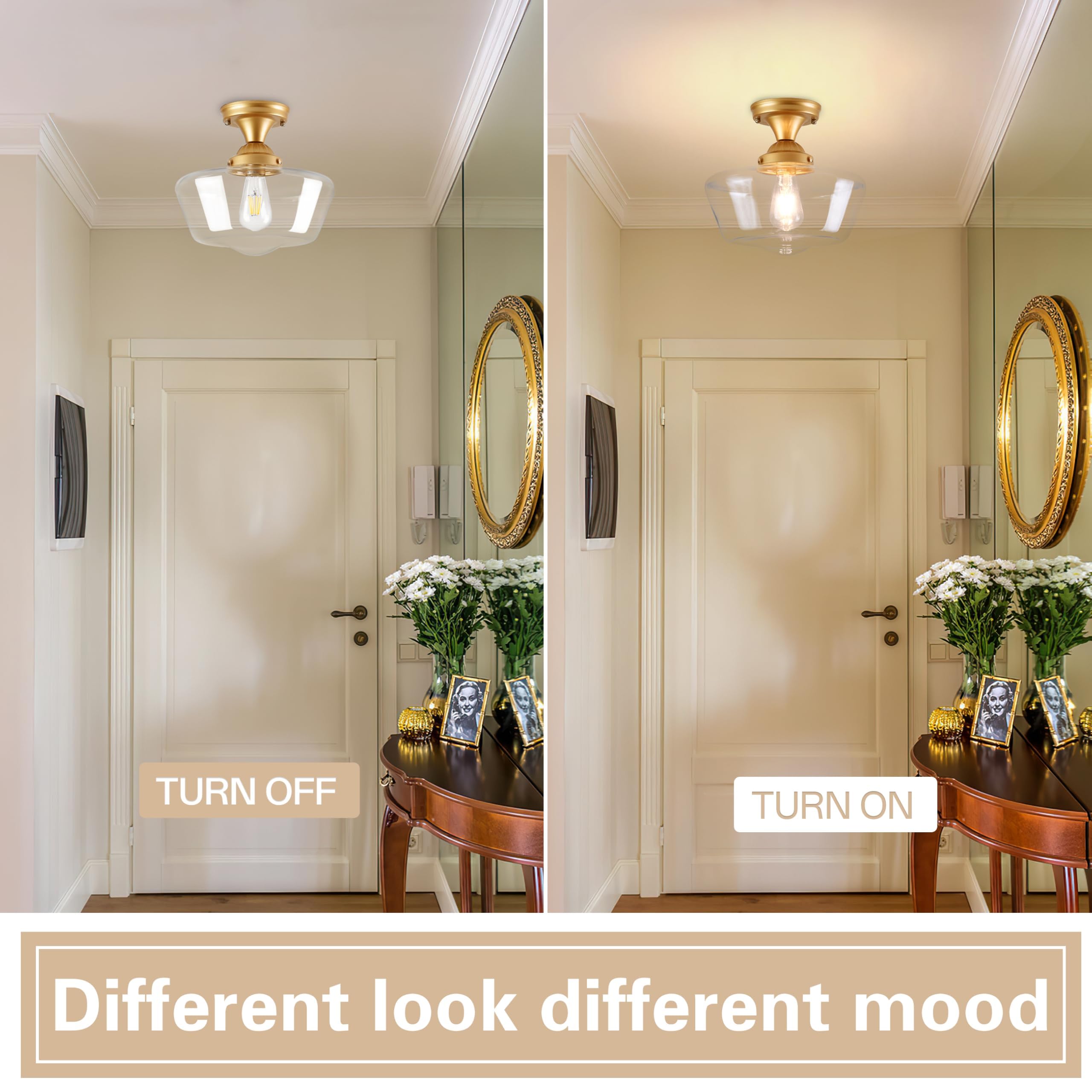 Ayshwilldec Brass Schoolhouse Light Fixture 12'' Mid Century Light Fixture Schoolhouse Light Fixtures Ceiling Clear Glass Semi F