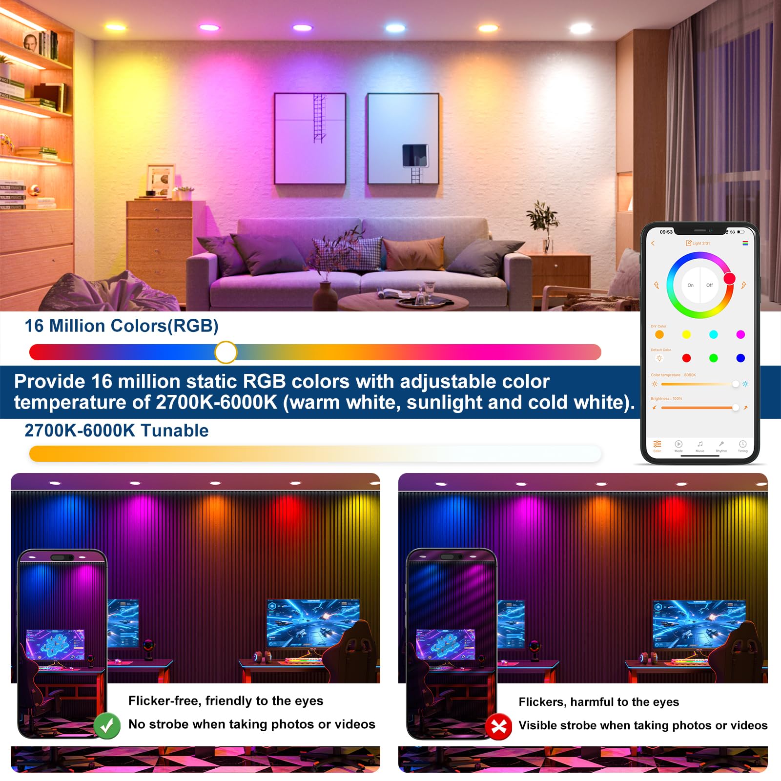 Siksog Black Smart Recessed Lighting 4 Inch Rgbcw Color Changing 12W Led Downlight With Junction Box 1000 Lumen Recessed Ceiling Light Compatible With Alexa Dimmable By Bluetooth Control -1Pack