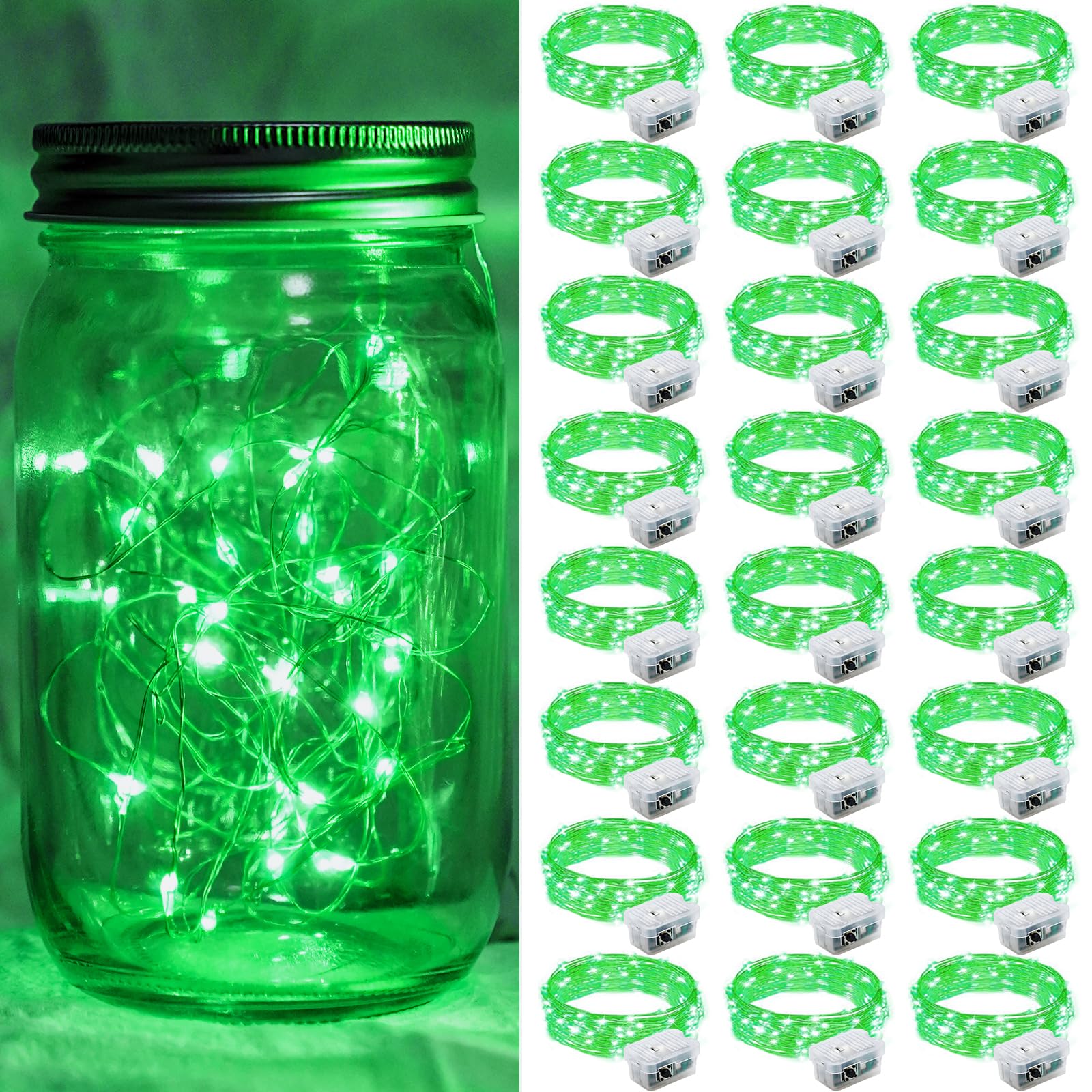 chzk 24 Pack Fairy Lights 20 LED Twinkle String Lights Battery Operated Waterproof Green 7Ft Model A01-Mini
