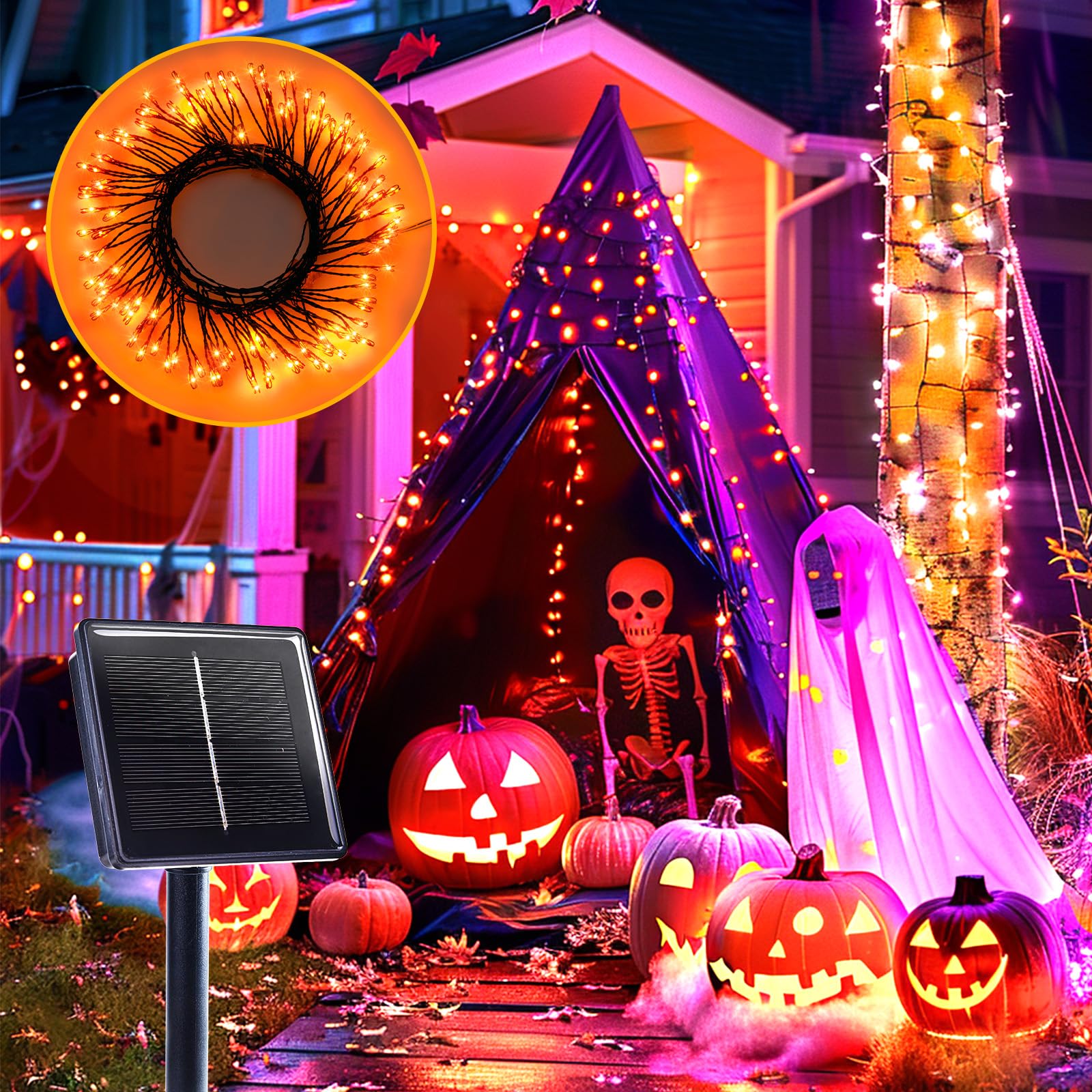 Brightown Orange Lights  19.6Ft 240 Led Solar Fairy Lights  Halloween Lights Outdoor With 8 Modes  Waterproof Twinkle Fall Light For Patio Yard Trees Party  Black Wire